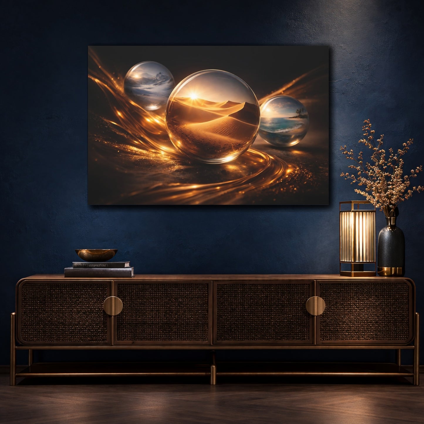 Mockup 4. Nature Crystal Orbs Golden Black shown as stretched canvas wall art