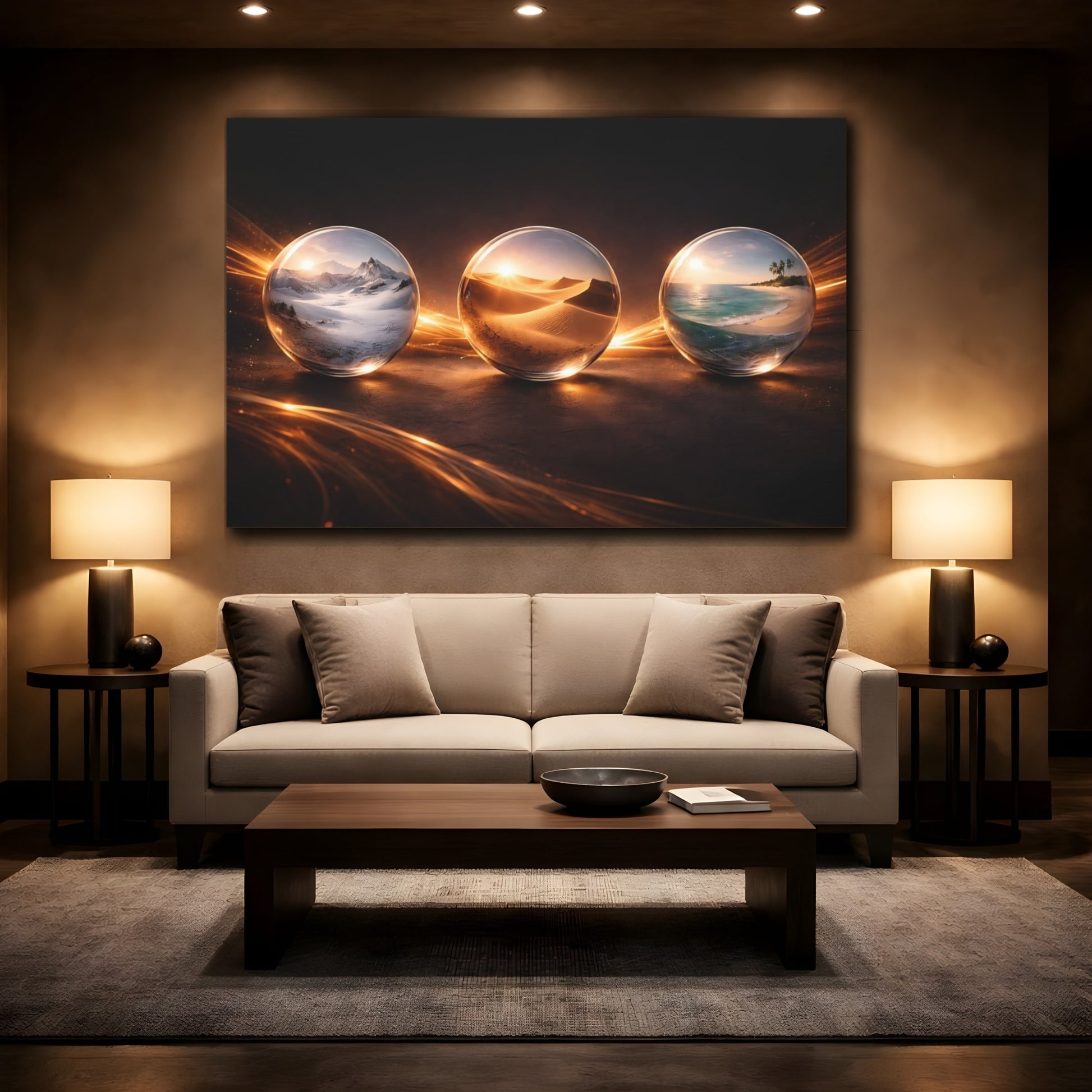 Mockup 2. Nature Crystal Orbs Golden Orbs shown as stretched canvas wall art