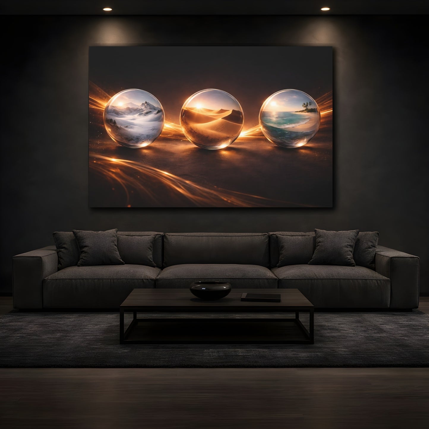 Mockup 3. Nature Crystal Orbs Golden Orbs shown as stretched canvas wall art