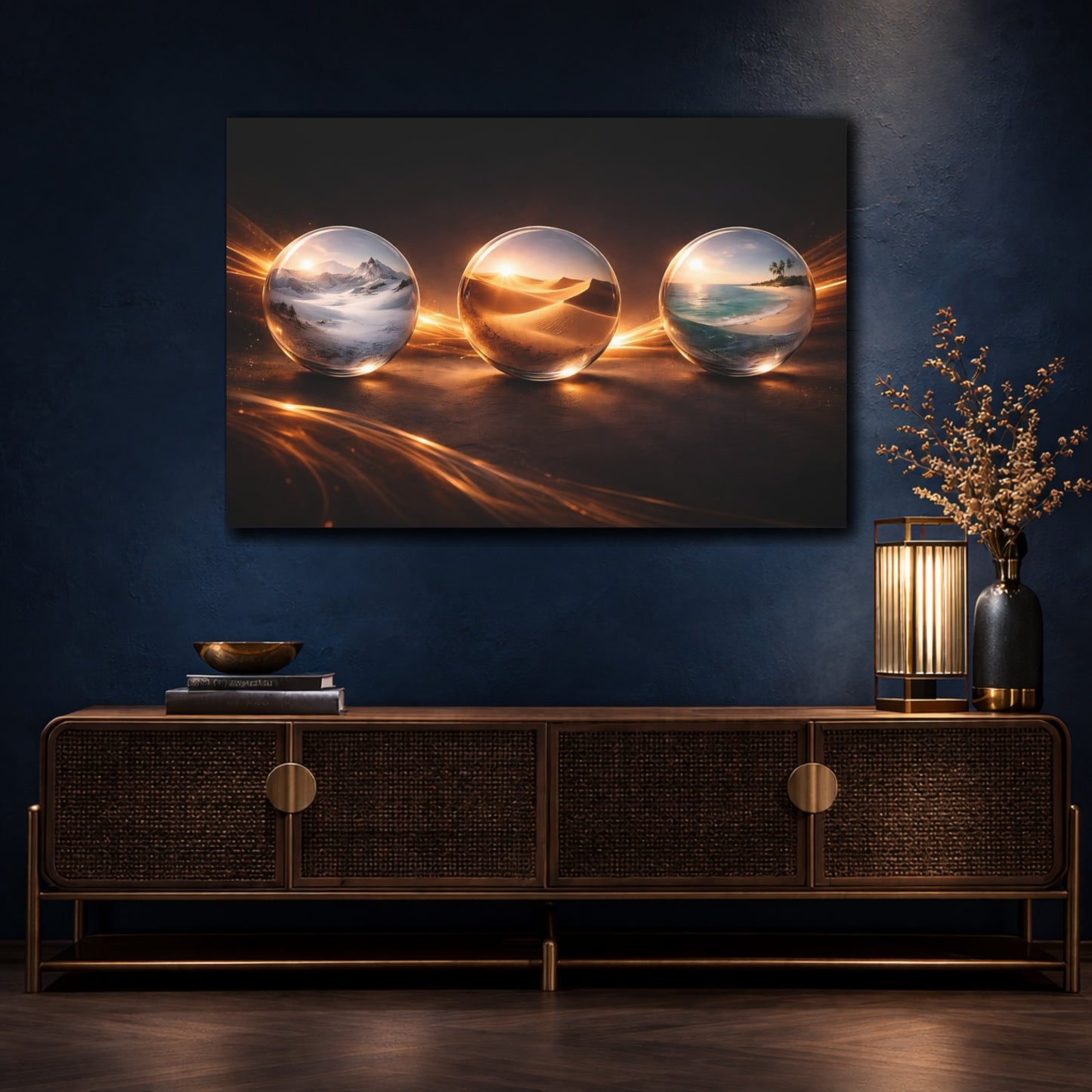 Mockup 4. Nature Crystal Orbs Golden Orbs shown as stretched canvas wall art
