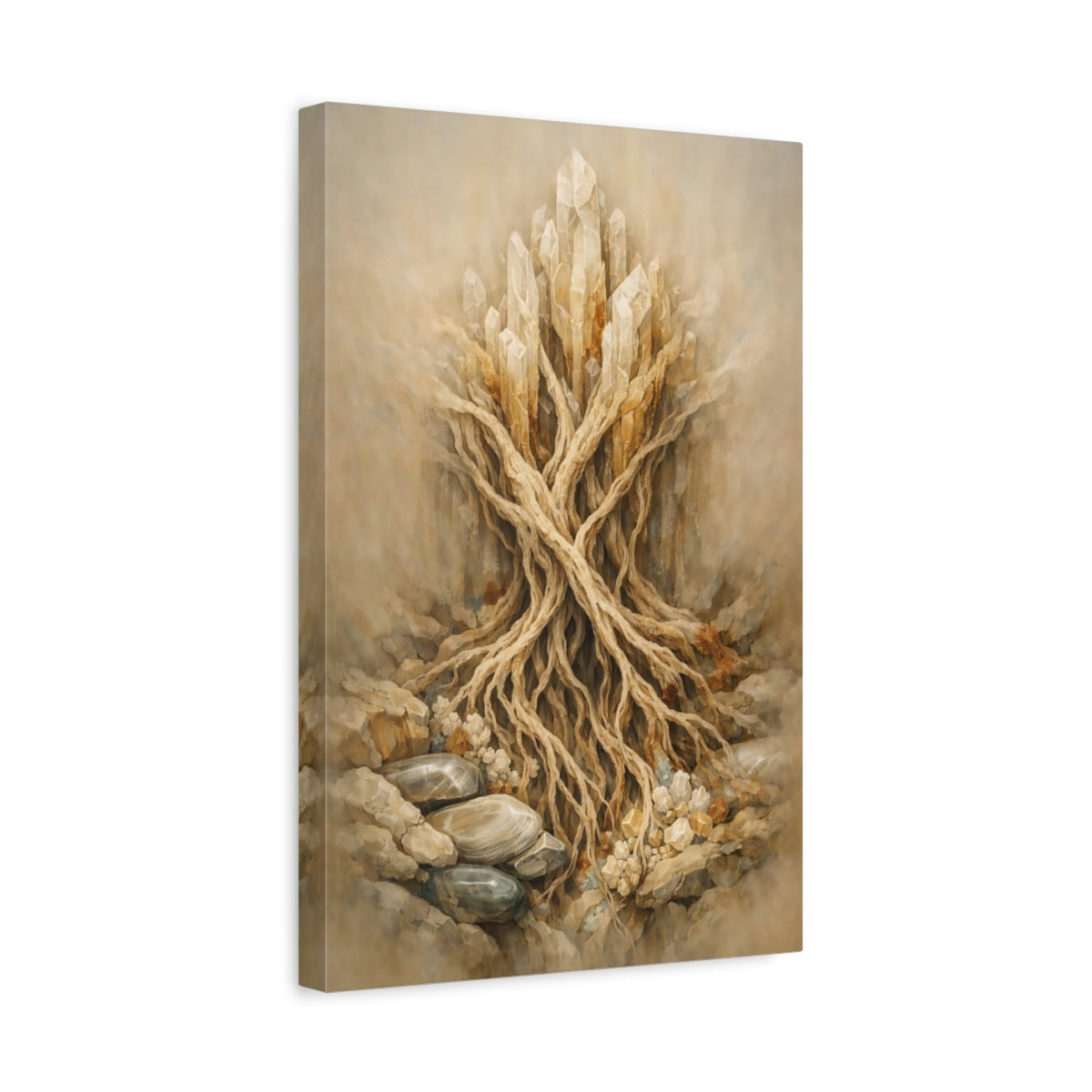 Side Mockup 4. Nature Crystal Roots Earthy Crystal shown as stretched canvas wall art
