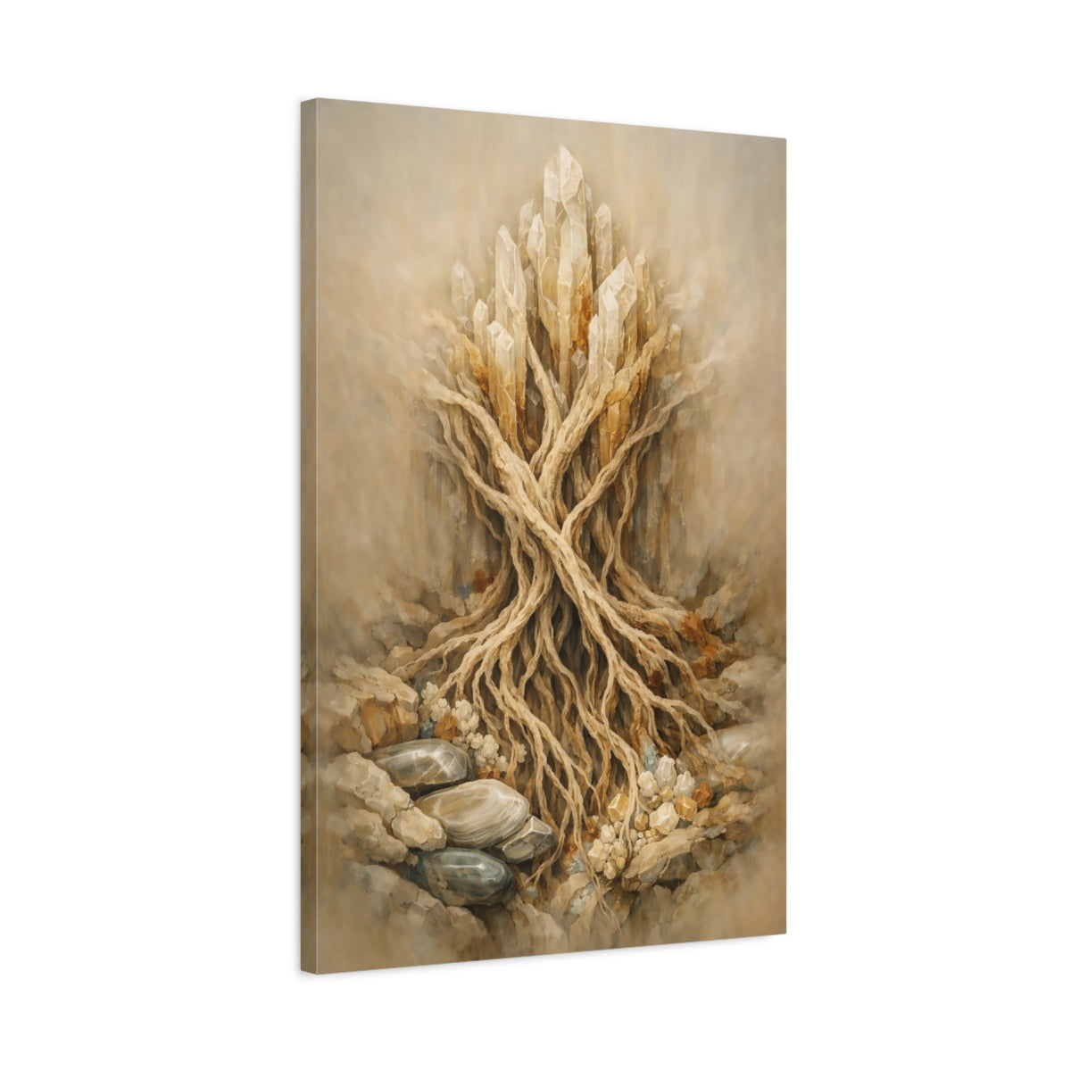 Side Mockup 2. Nature Crystal Roots Earthy Crystal shown as stretched canvas wall art