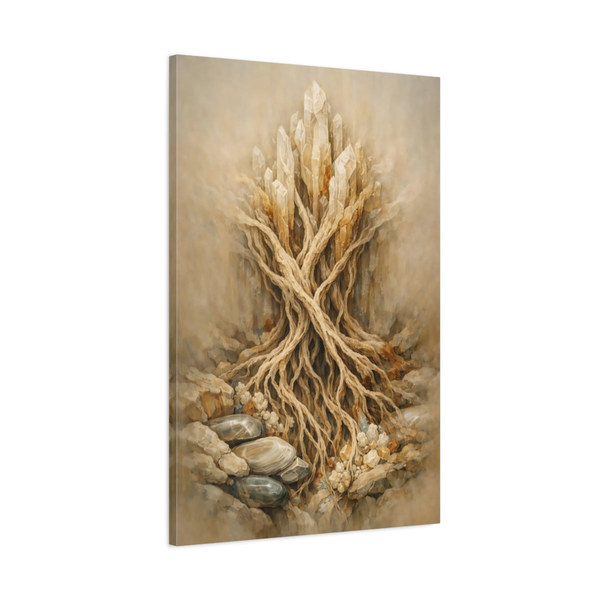 Side Mockup 1. Nature Crystal Roots Earthy Crystal shown as stretched canvas wall art