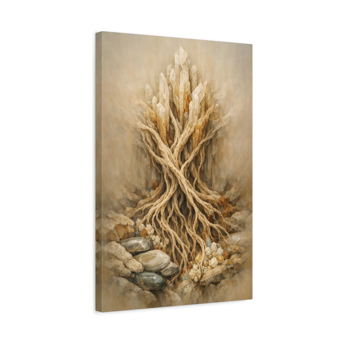 Side Mockup 3. Nature Crystal Roots Earthy Crystal shown as stretched canvas wall art