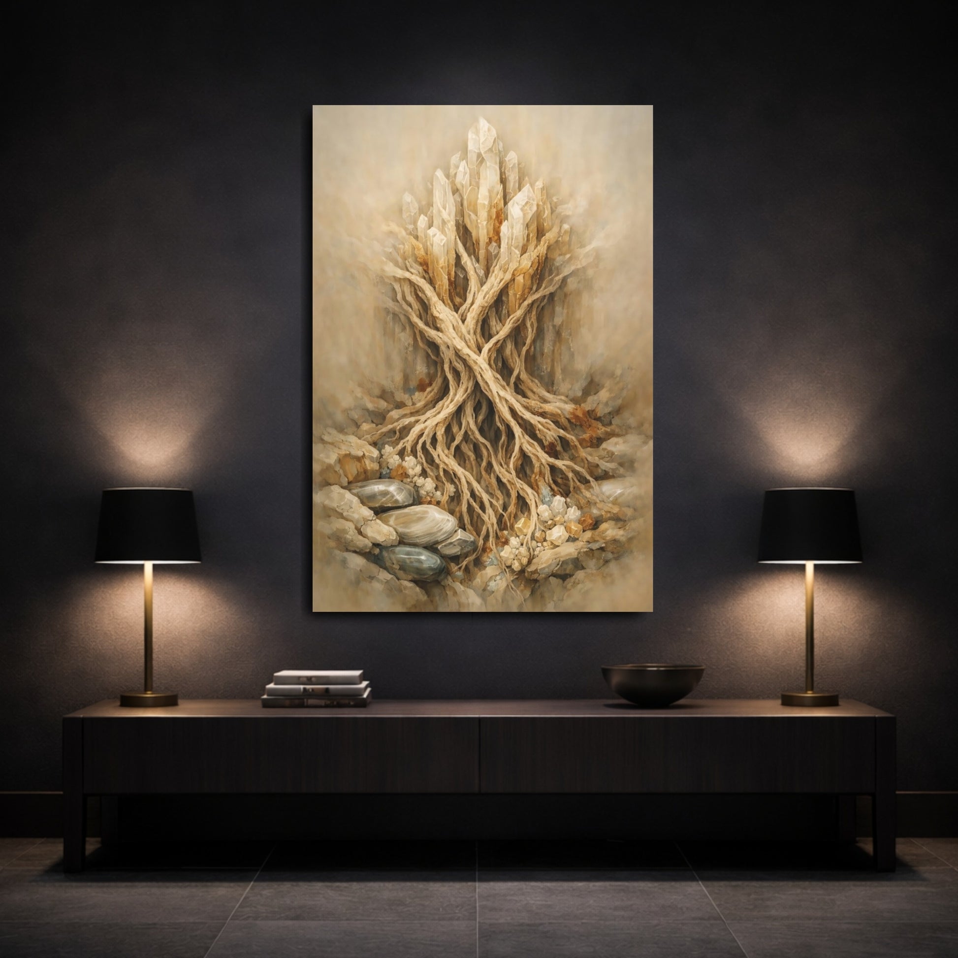 Mockup 2. Nature Crystal Roots Earthy Crystal shown as stretched canvas wall art