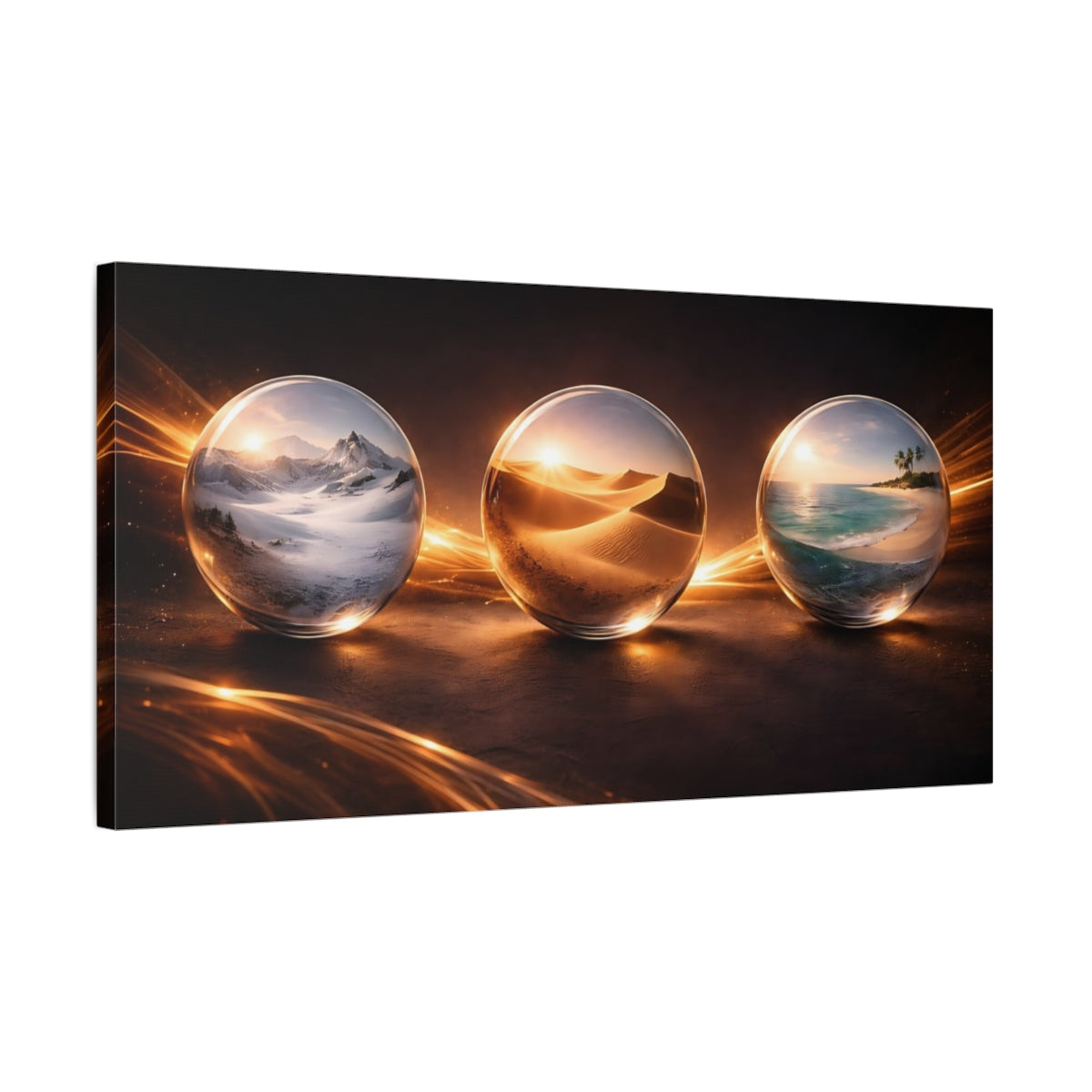 Side Mockup 1. Nature Crystal Spheres Golden Glow Orbs shown as stretched canvas wall art