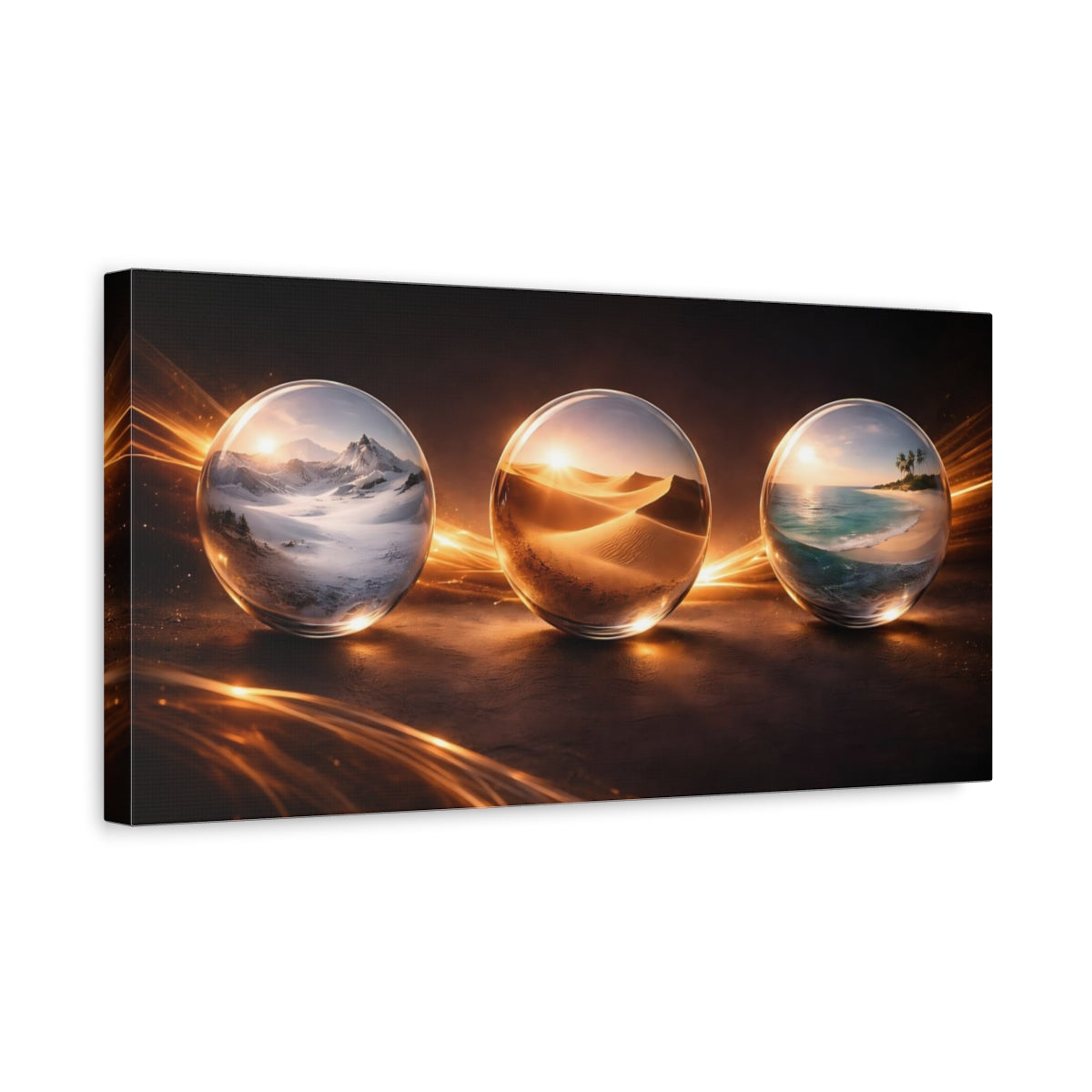 Side Mockup 3. Nature Crystal Spheres Golden Glow Orbs shown as stretched canvas wall art