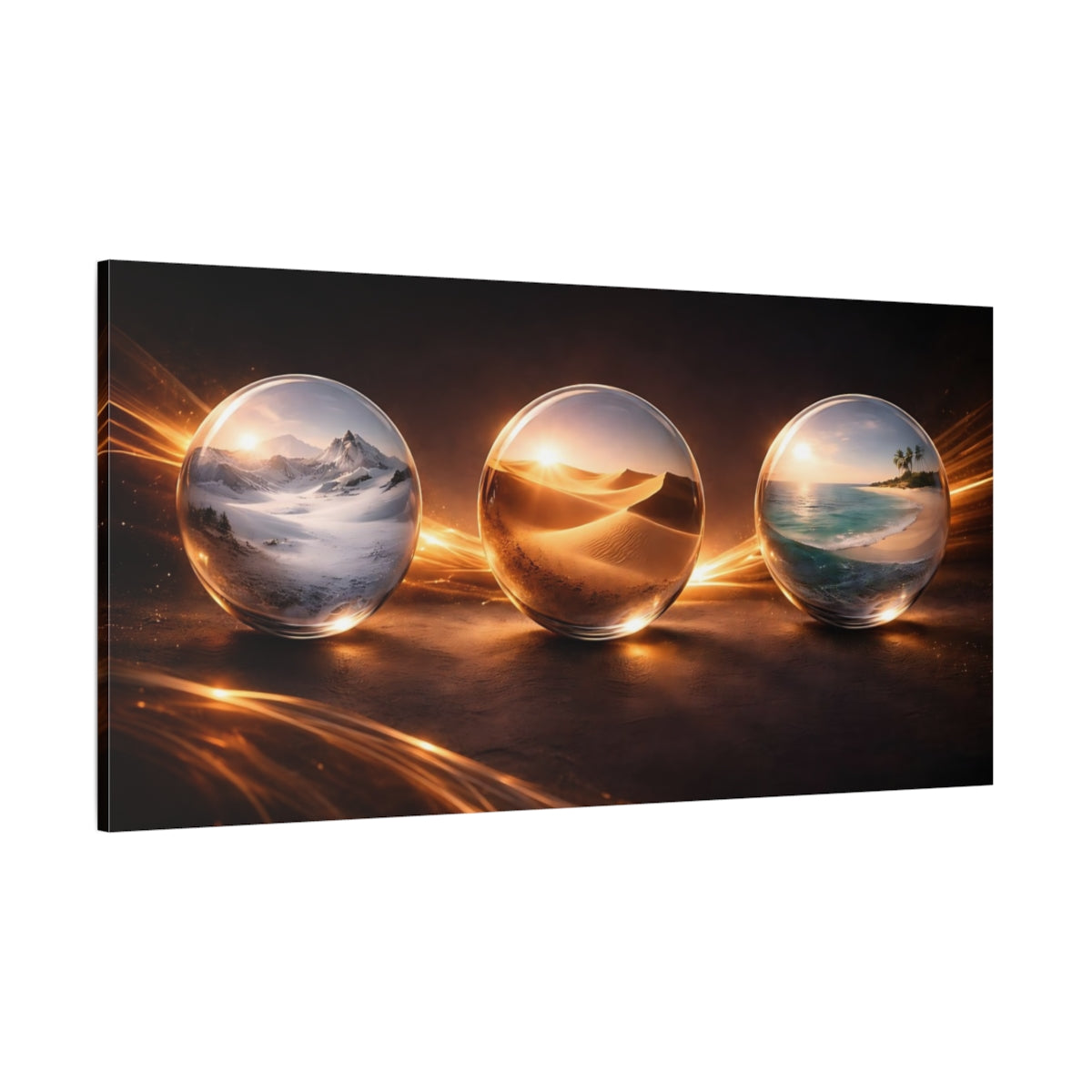 Side Mockup 2. Nature Crystal Spheres Golden Glow Orbs shown as stretched canvas wall art