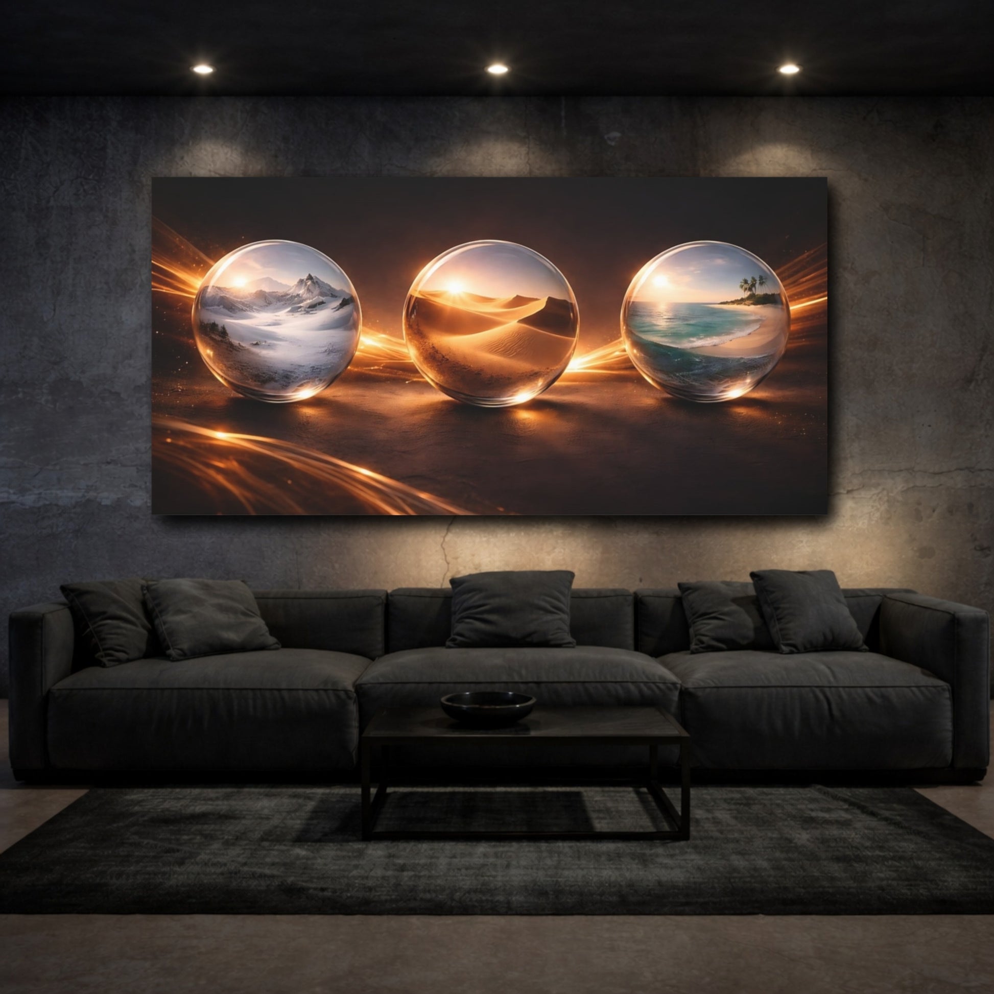 Mockup 2. Nature Crystal Spheres Golden Glow Orbs shown as stretched canvas wall art