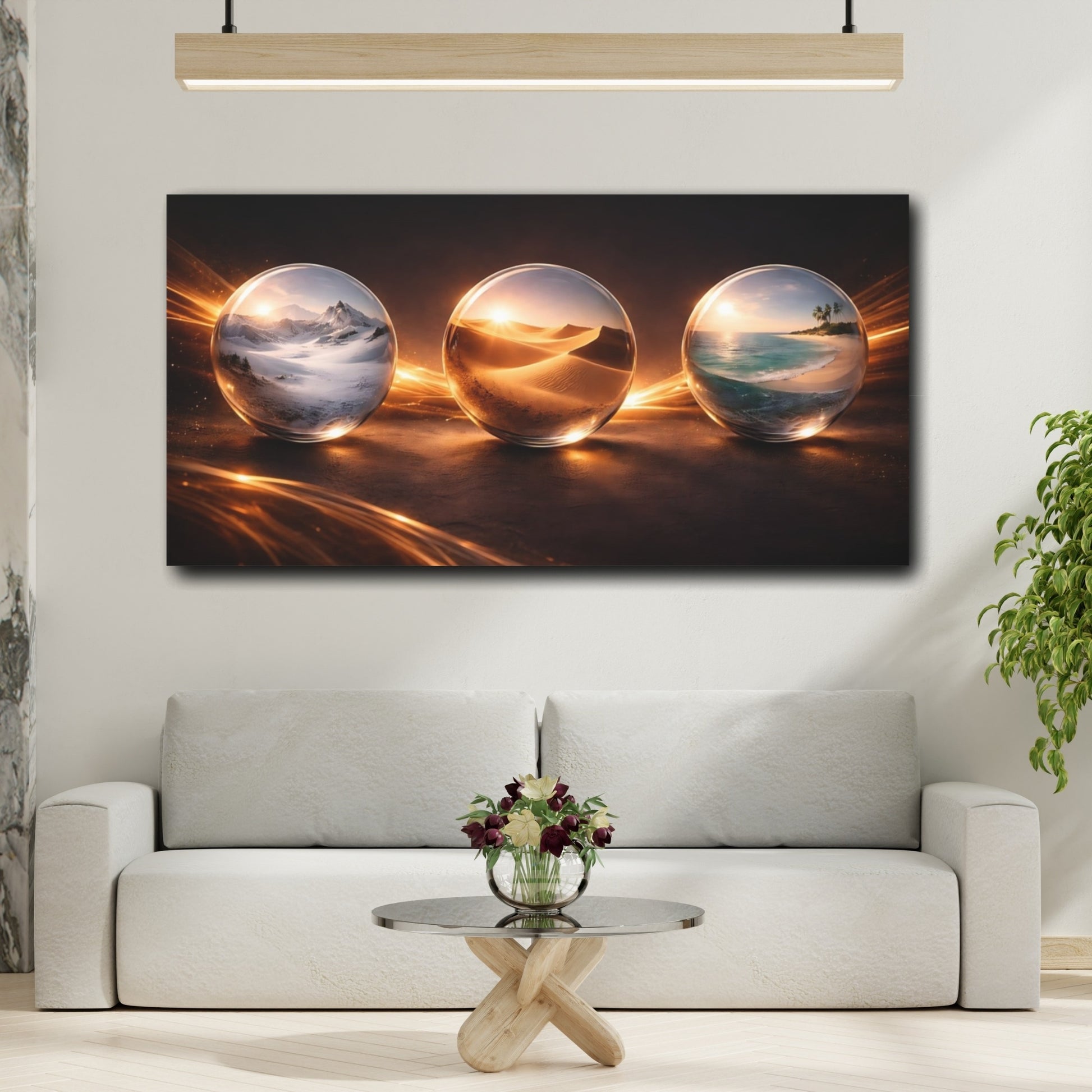 Mockup 3. Nature Crystal Spheres Golden Glow Orbs shown as stretched canvas wall art