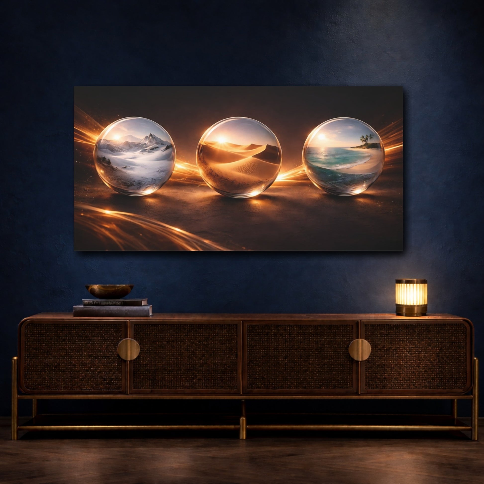 Mockup 4. Nature Crystal Spheres Golden Glow Orbs shown as stretched canvas wall art