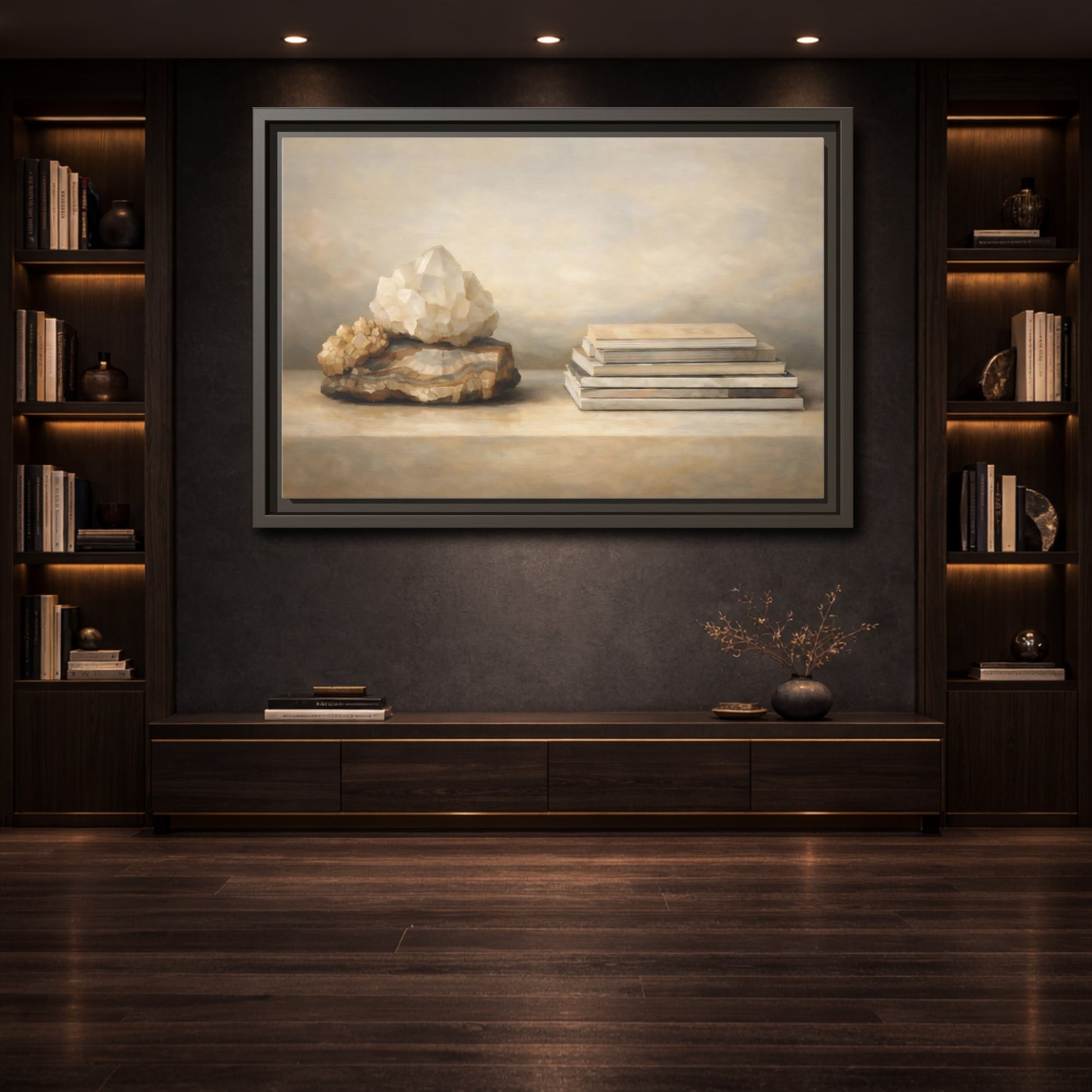Mockup 3. Nature Crystals Brown And Beige shown as stretched canvas wall art