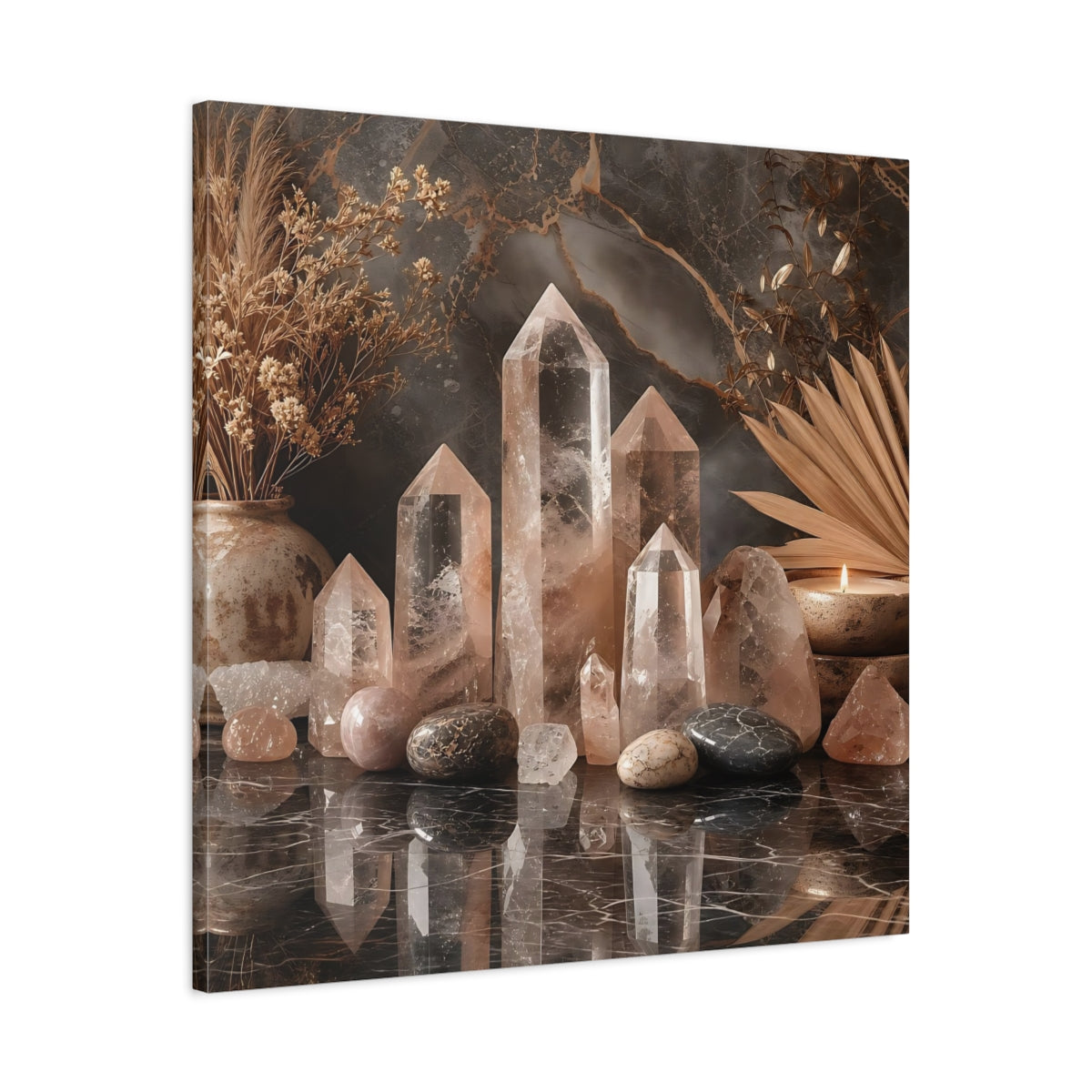 Side Mockup 3. Nature Crystals Pink Brown Crystals shown as stretched canvas wall art