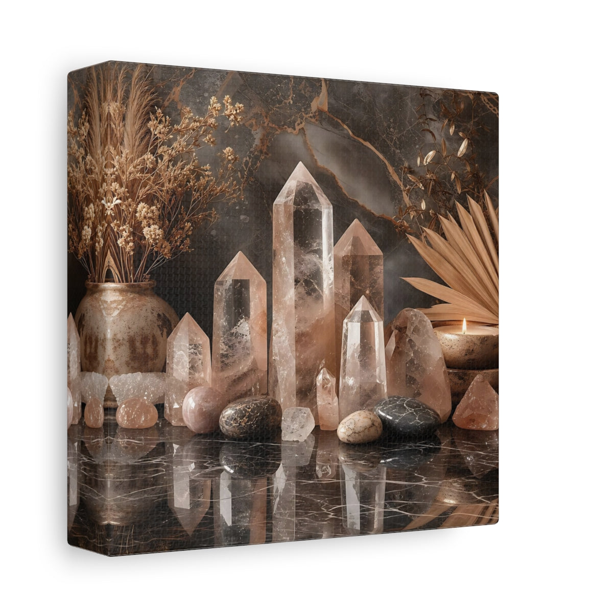 Side Mockup 2. Nature Crystals Pink Brown Crystals shown as stretched canvas wall art