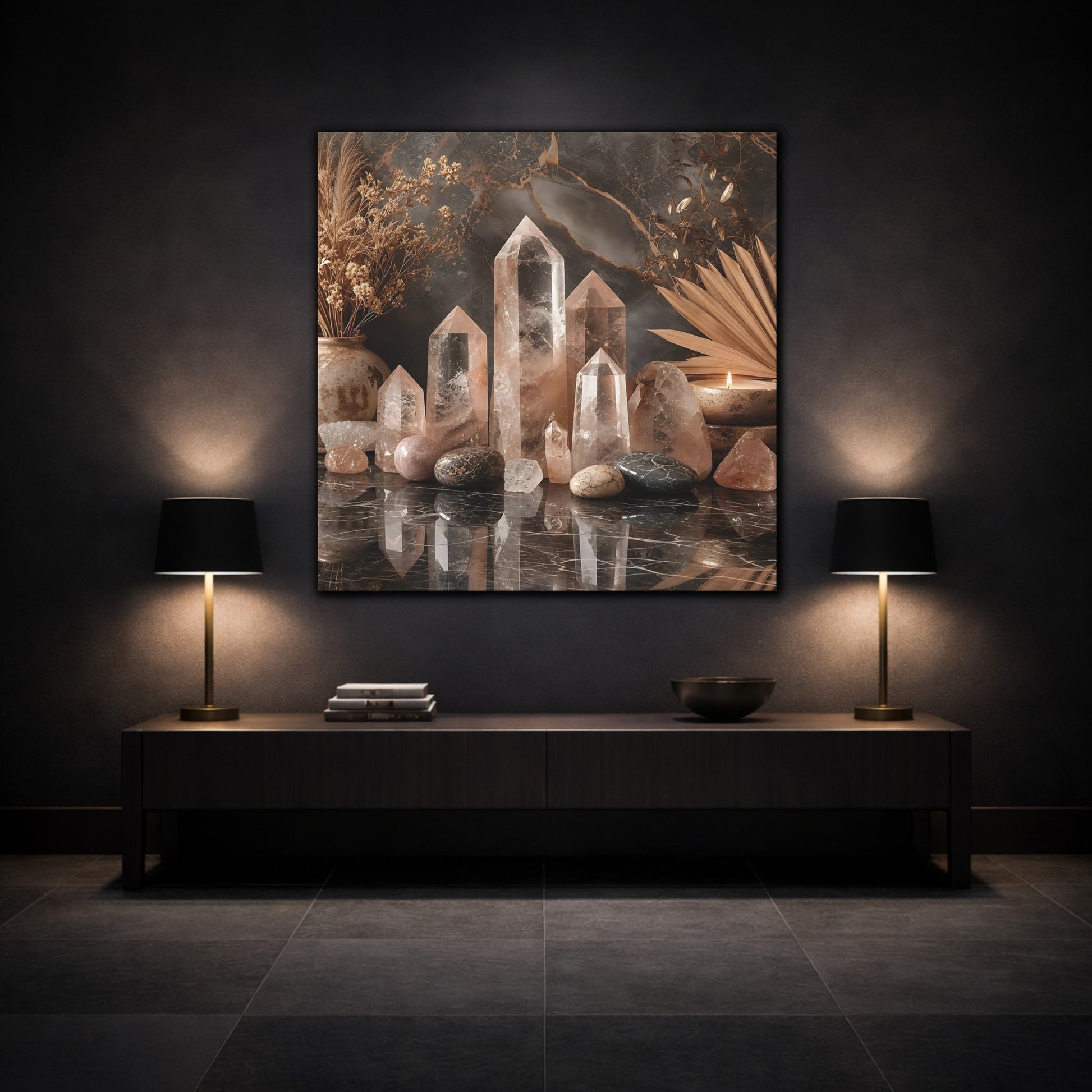 Mockup 3. Nature Crystals Pink Brown Crystals shown as stretched canvas wall art