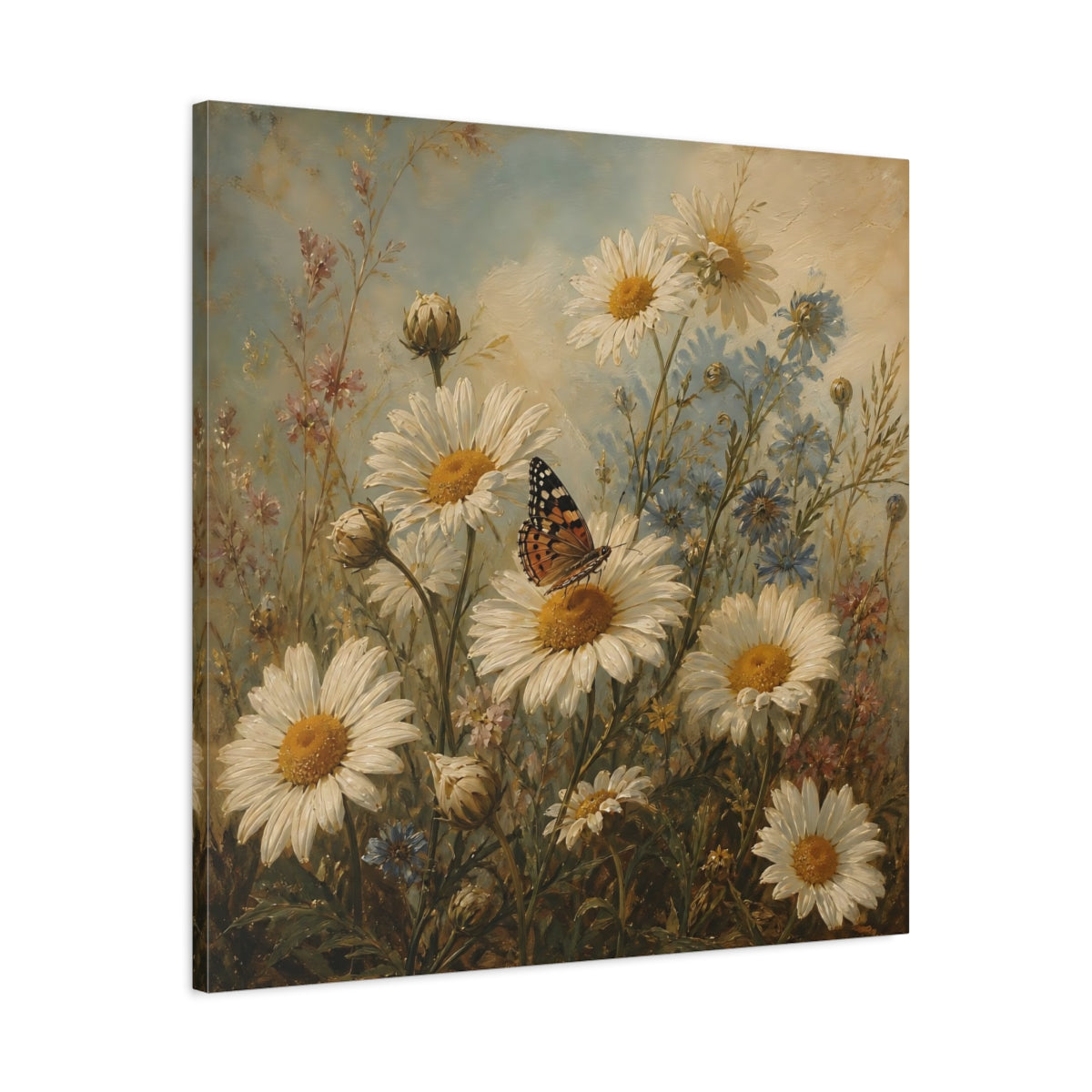 Side Mockup 3. Nature Daisies, Butterfly White And Green shown as stretched canvas wall art
