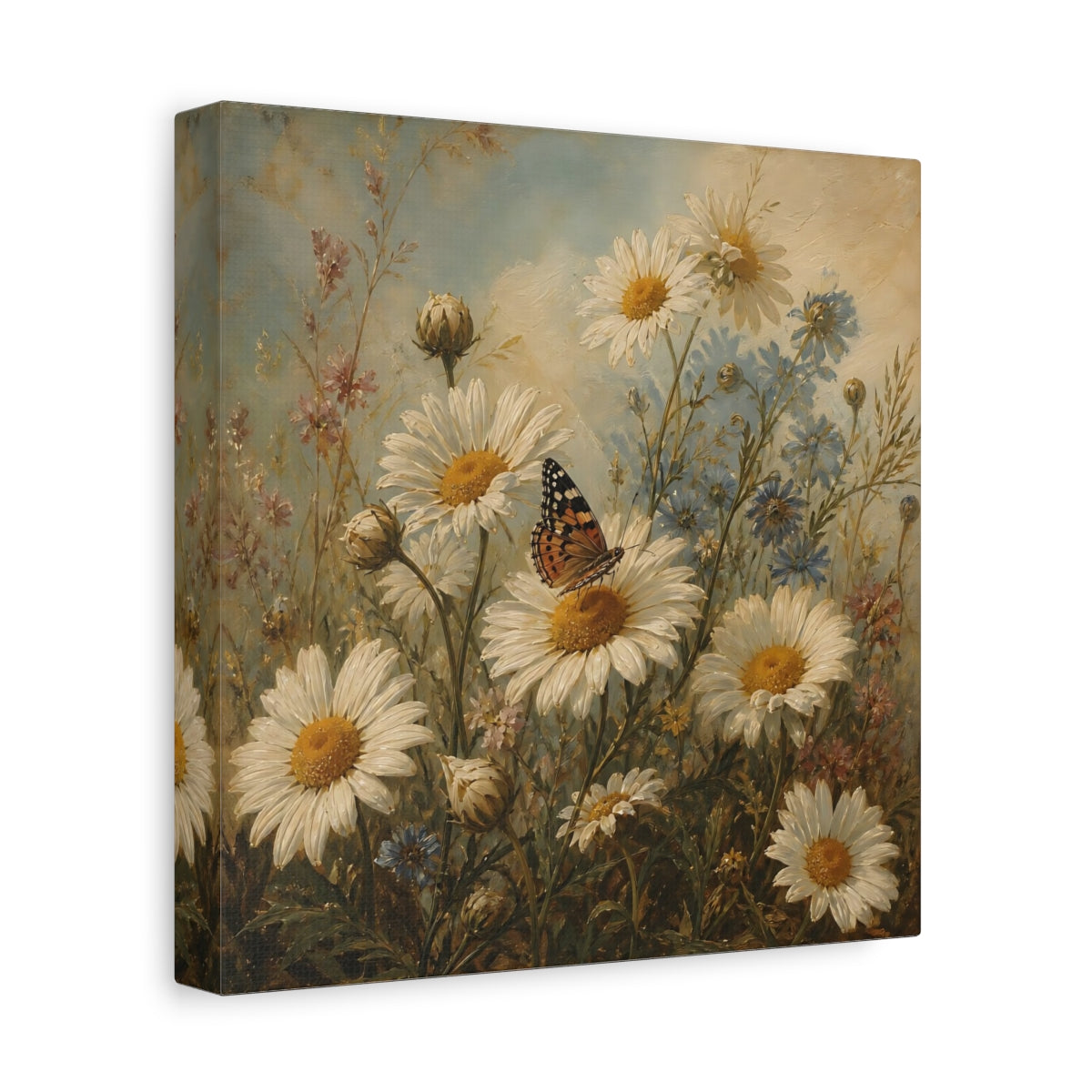 Side Mockup 9. Nature Daisies, Butterfly White And Green shown as stretched canvas wall art