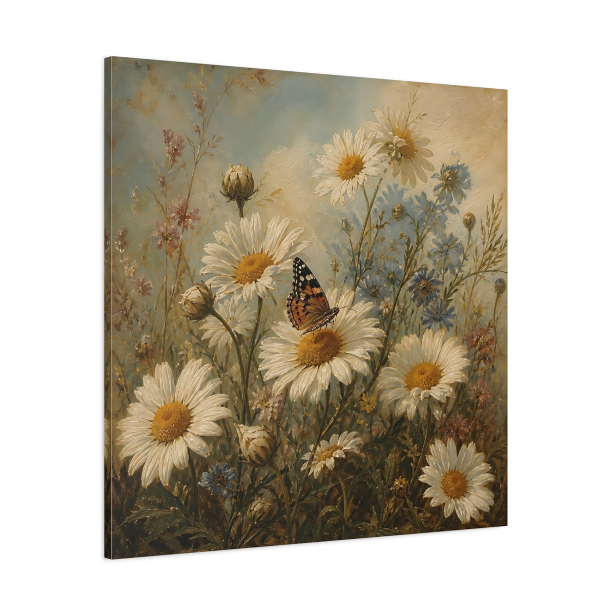 Side Mockup 1. Nature Daisies, Butterfly White And Green shown as stretched canvas wall art