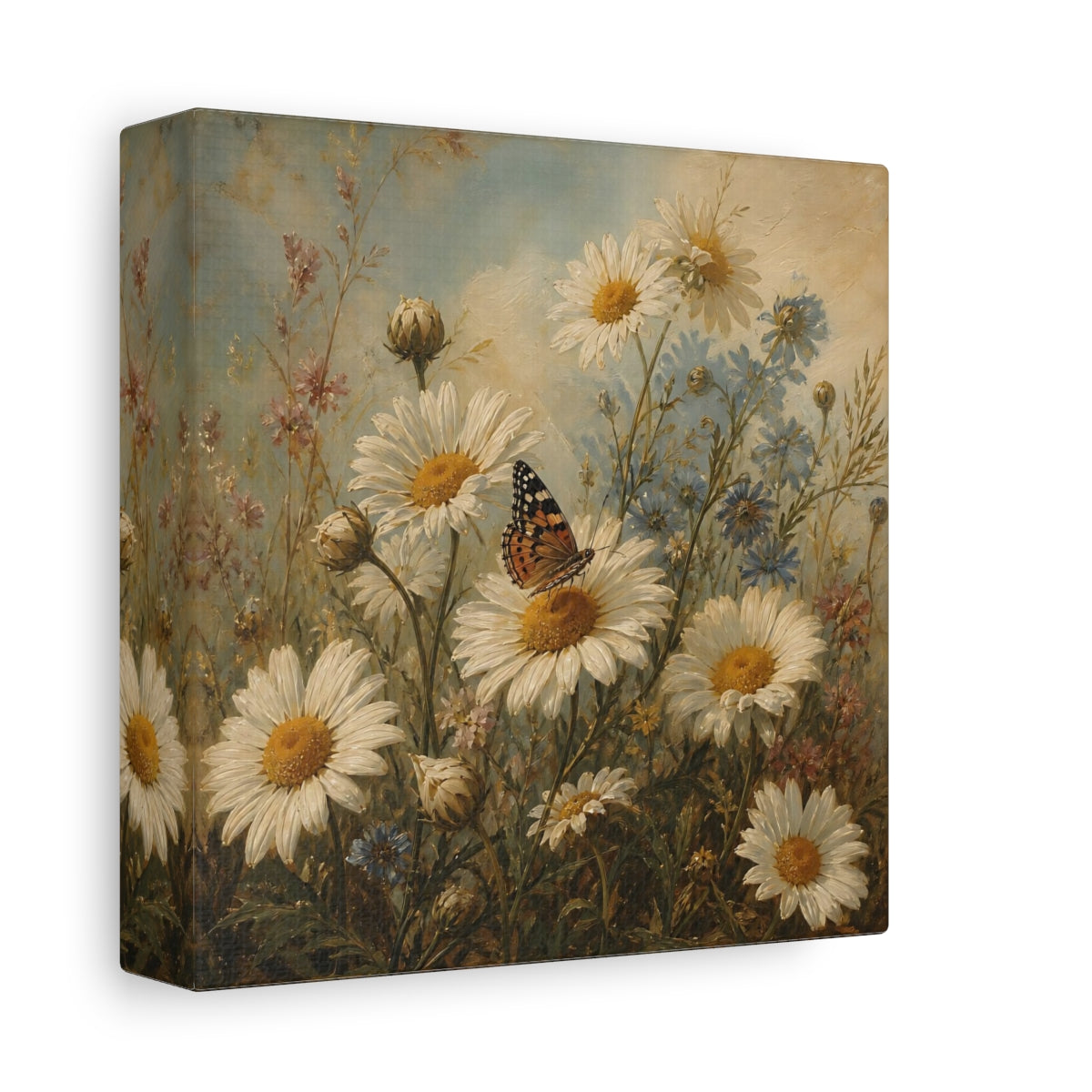 Side Mockup 2. Nature Daisies, Butterfly White And Green shown as stretched canvas wall art