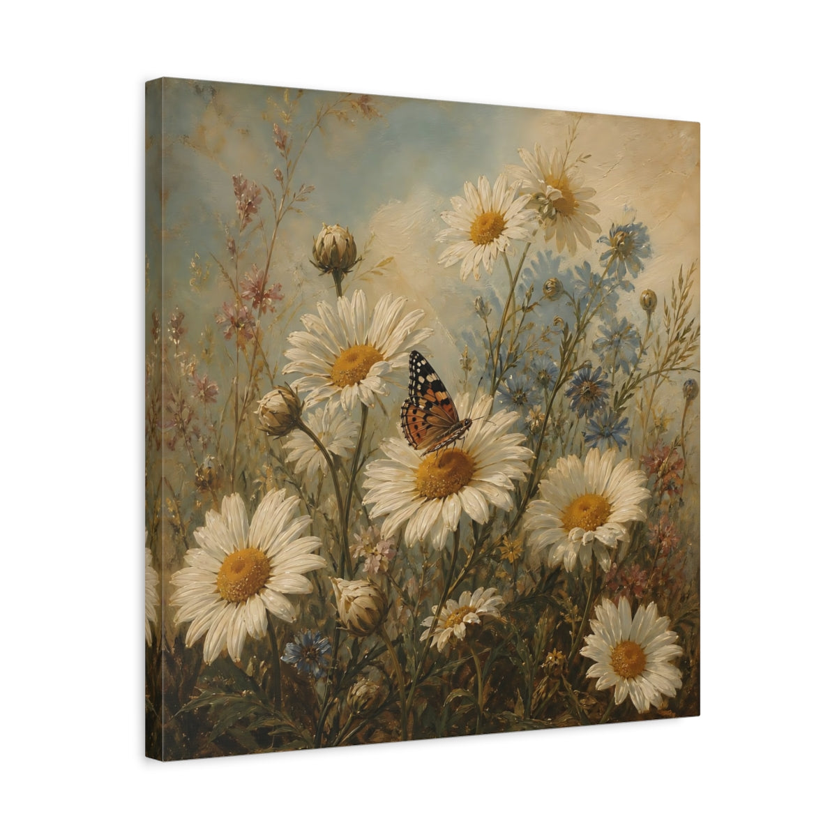 Side Mockup 5. Nature Daisies, Butterfly White And Green shown as stretched canvas wall art