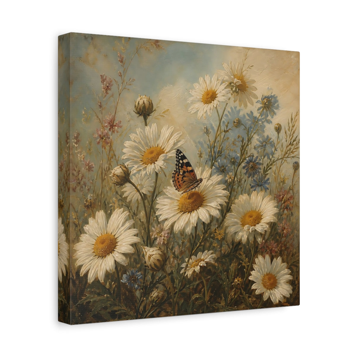 Side Mockup 8. Nature Daisies, Butterfly White And Green shown as stretched canvas wall art