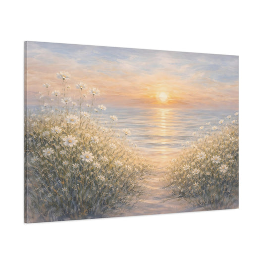 Nature Daisies Daisy Ocean Sunset shown as stretched canvas wall art