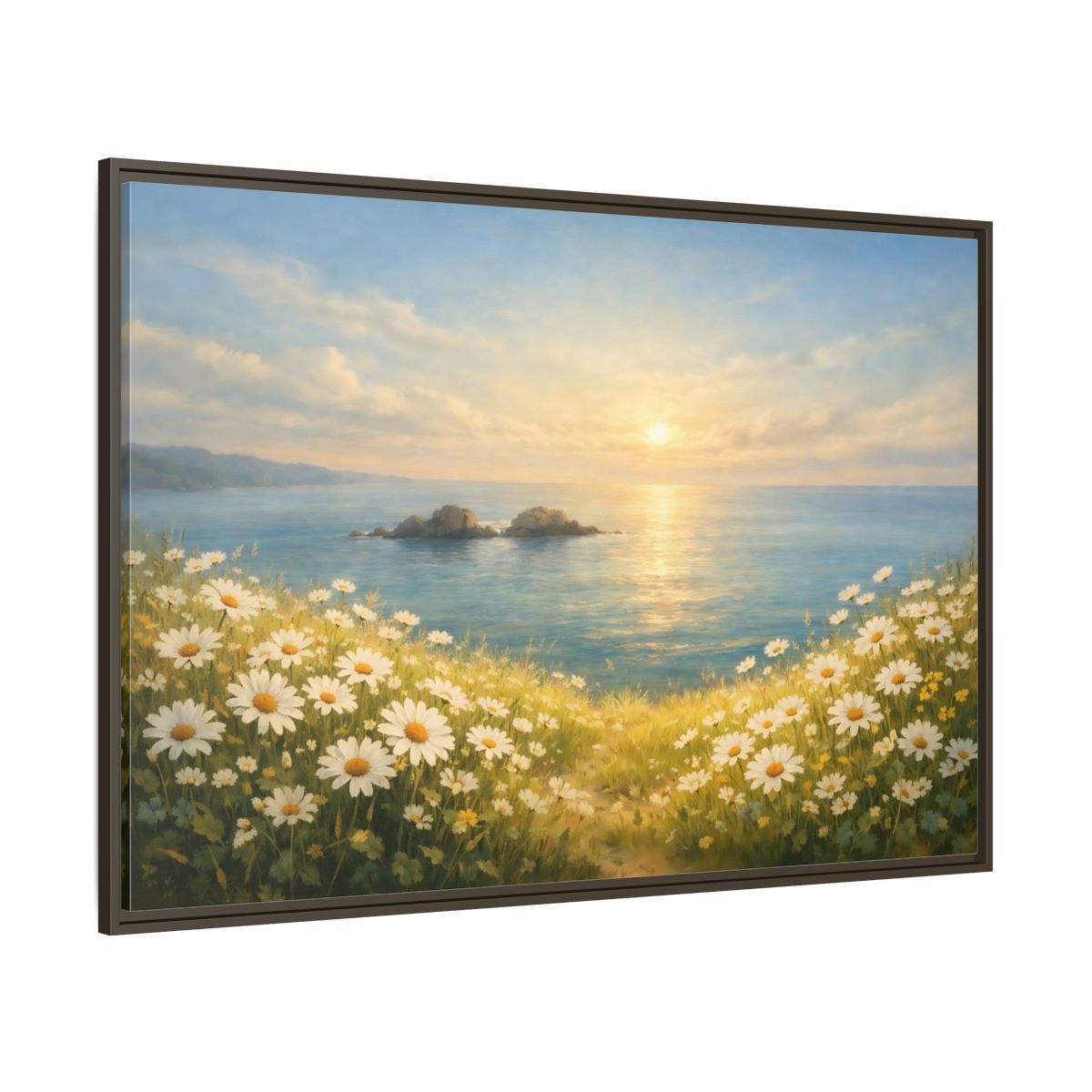 Main Mockup. Nature Daisies Daisy Ocean Sunset shown as stretched canvas wall art