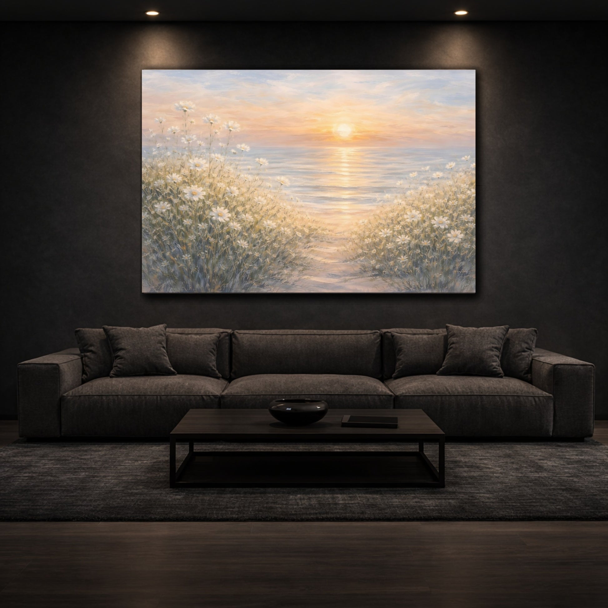 Nature Daisies Daisy Ocean Sunset shown as front canvas room wall art