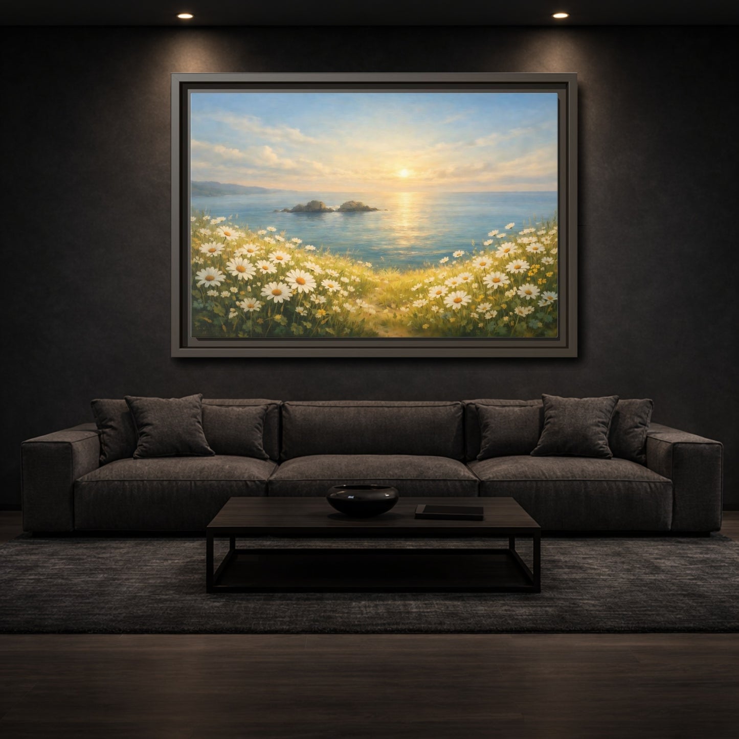 Mockup 2. Nature Daisies Daisy Ocean Sunset shown as stretched canvas wall art