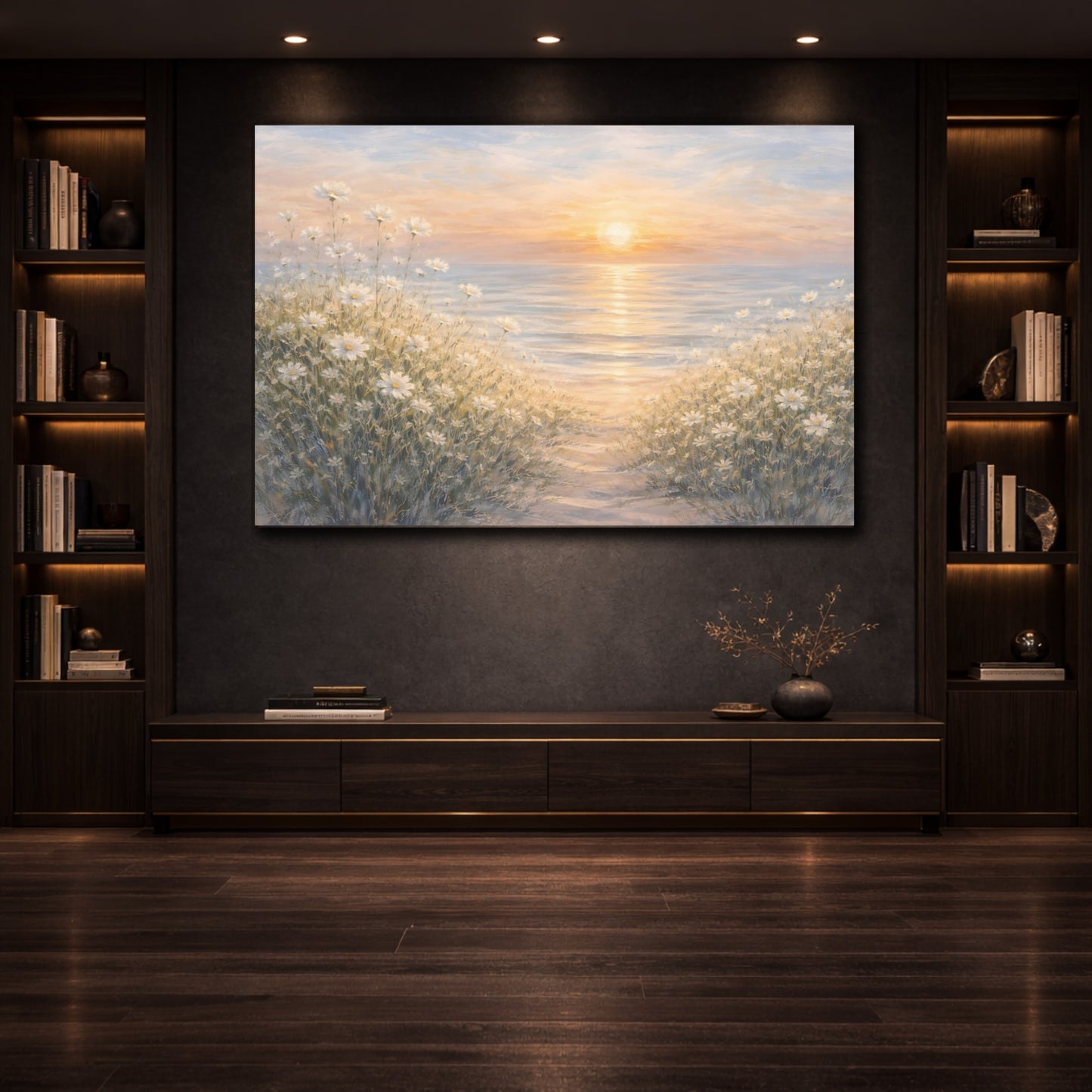Nature Daisies Daisy Ocean Sunset shown as front canvas room wall art