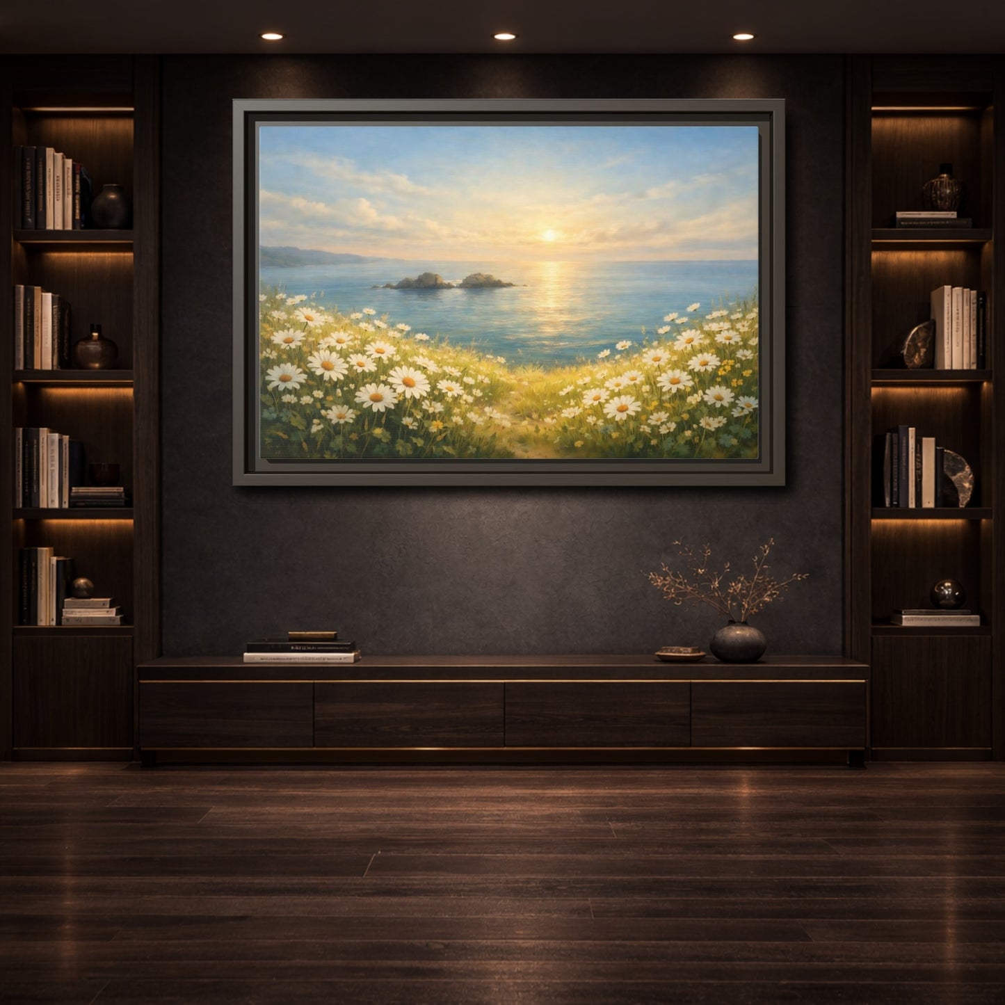 Mockup 3. Nature Daisies Daisy Ocean Sunset shown as stretched canvas wall art