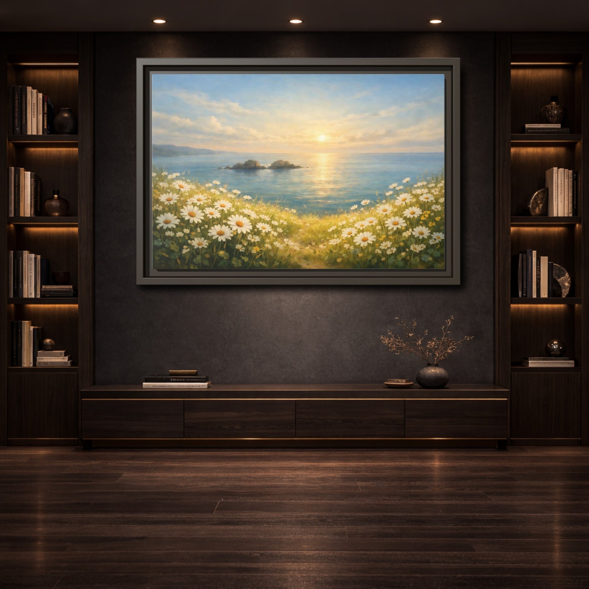 Mockup 3. Nature Daisies Daisy Ocean Sunset shown as stretched canvas wall art