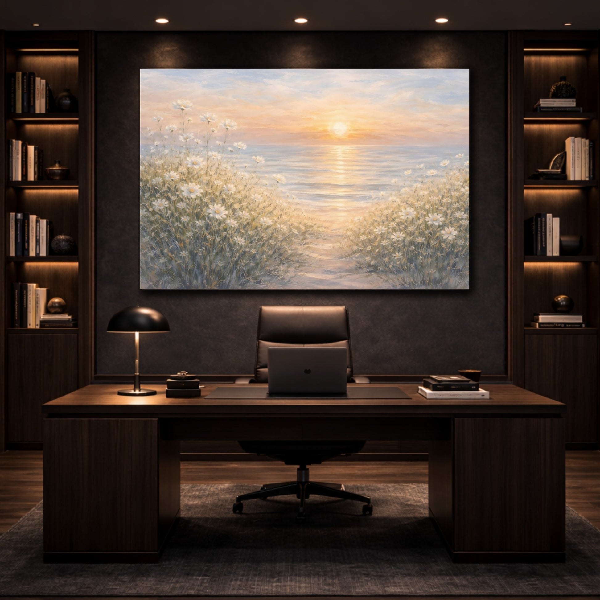 Nature Daisies Daisy Ocean Sunset shown as front canvas room wall art