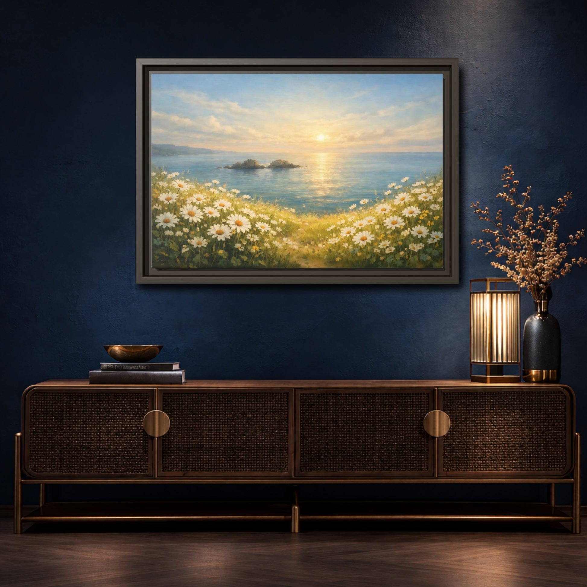 Mockup 4. Nature Daisies Daisy Ocean Sunset shown as stretched canvas wall art