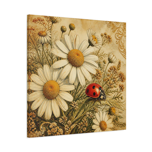 Main Mockup. Nature Daisies Ladybug Cream And Gold shown as stretched canvas wall art