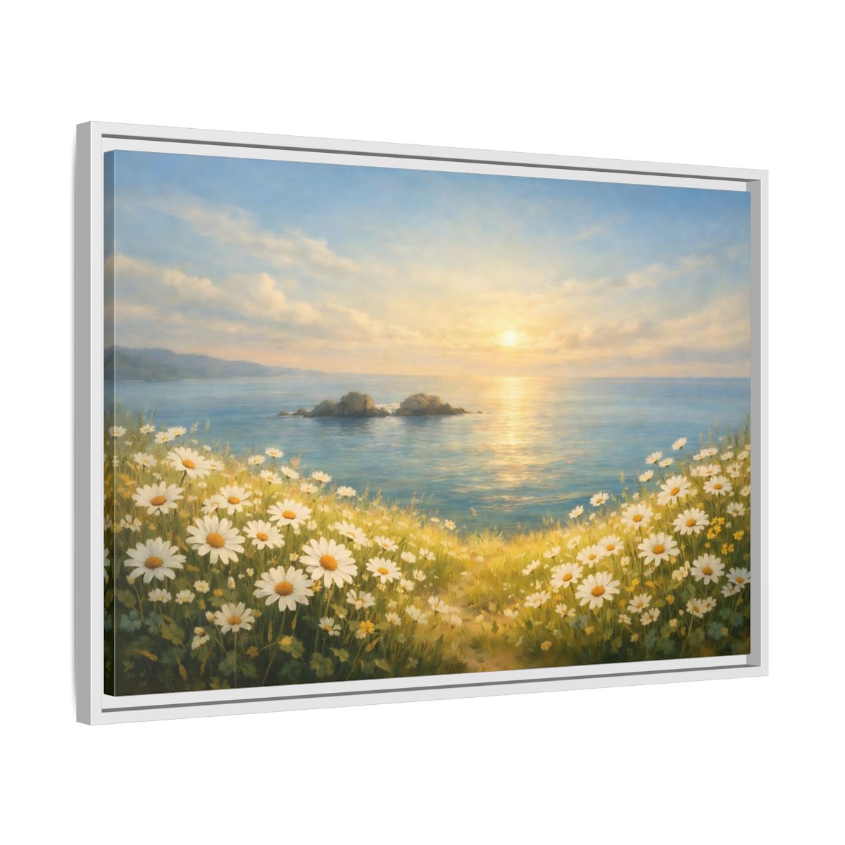 Side Mockup 10. Nature Daisies Daisy Ocean Sunset shown as stretched canvas wall art