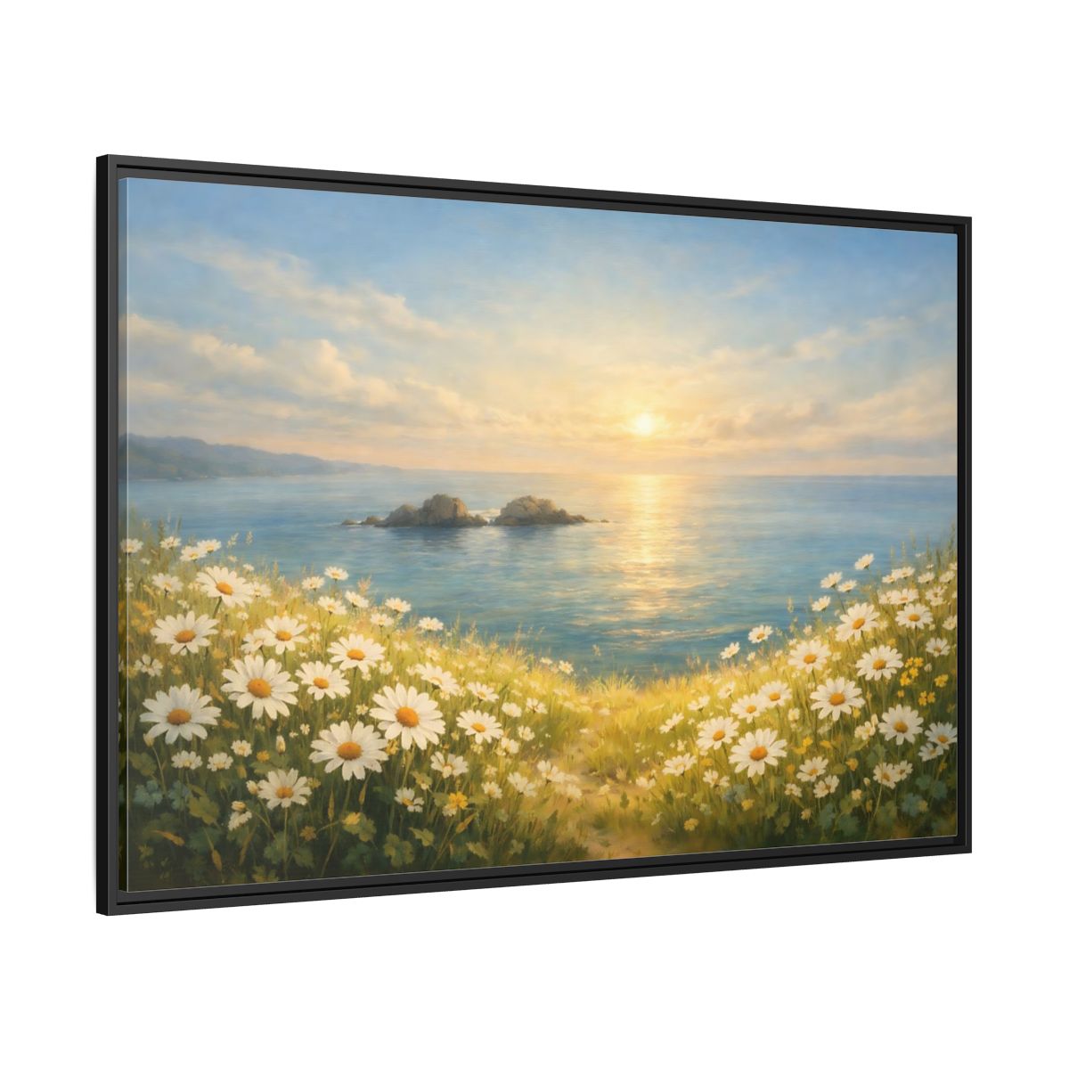 Side Mockup 12. Nature Daisies Daisy Ocean Sunset shown as stretched canvas wall art