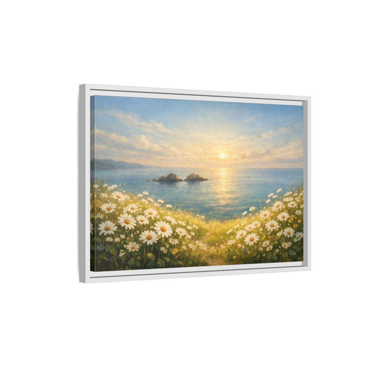 Side Mockup 1. Nature Daisies Daisy Ocean Sunset shown as stretched canvas wall art