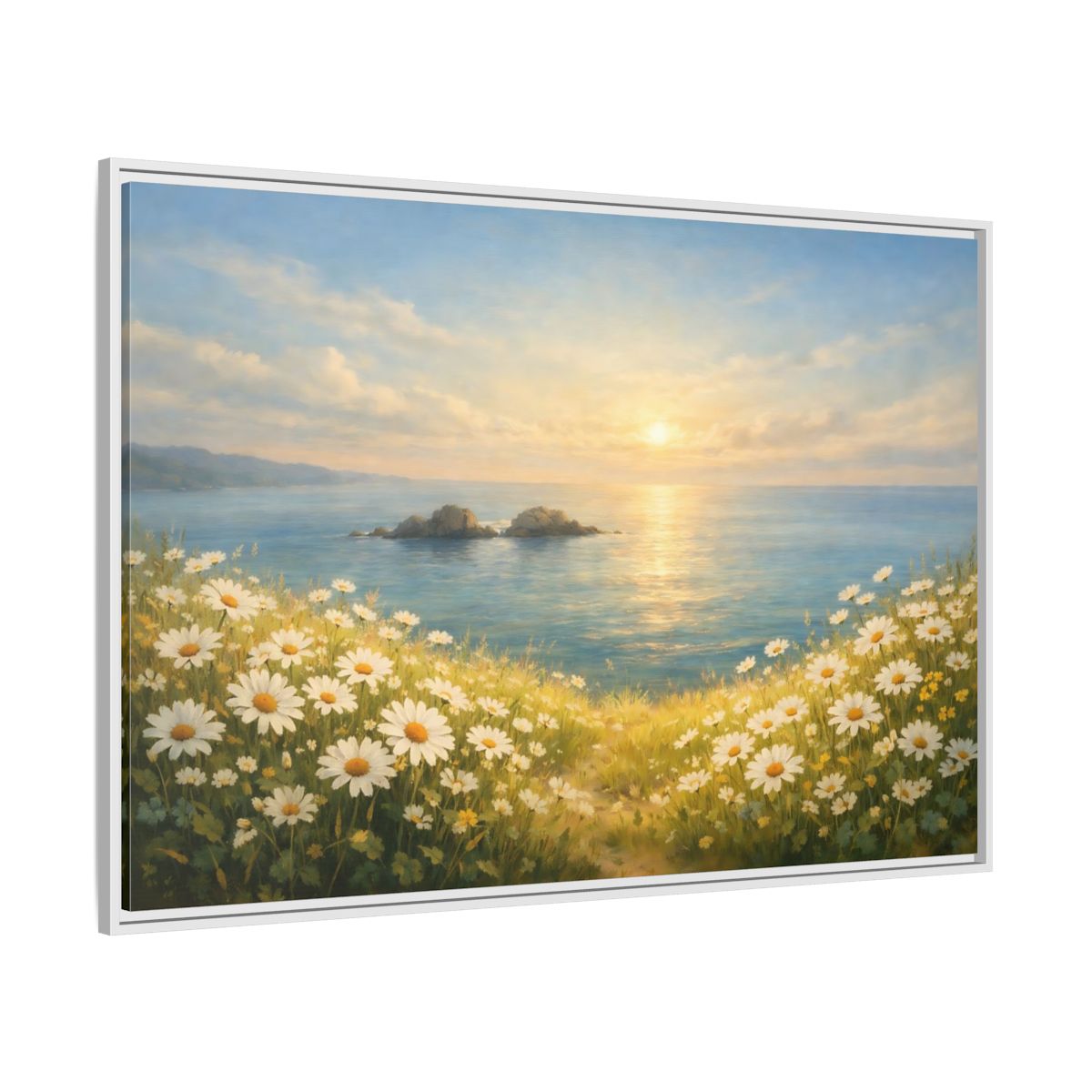 Side Mockup 7. Nature Daisies Daisy Ocean Sunset shown as stretched canvas wall art
