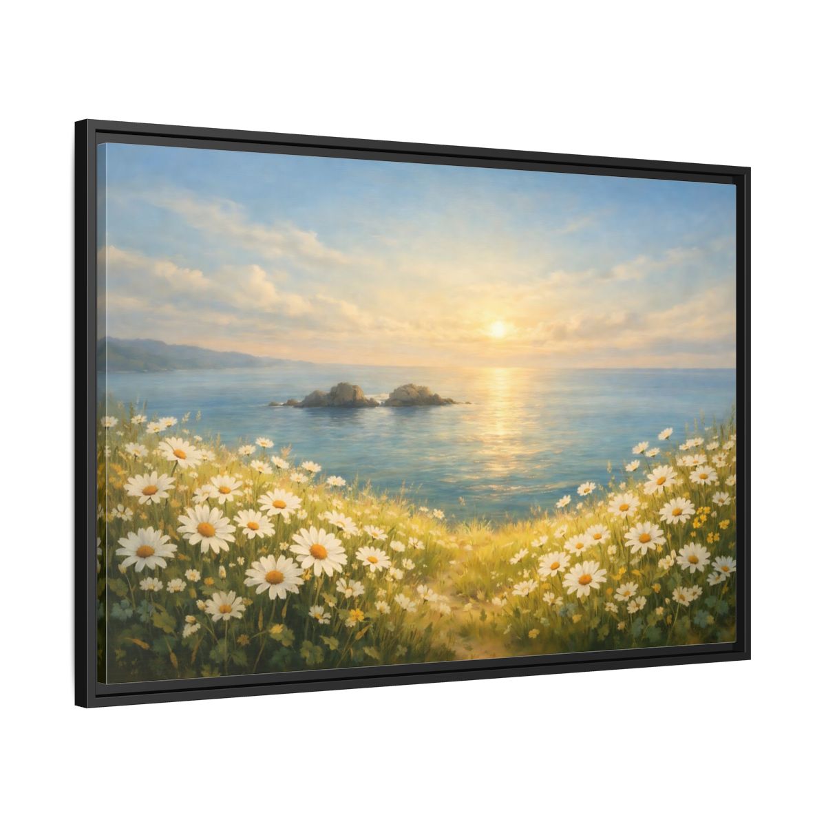 Side Mockup 13. Nature Daisies Daisy Ocean Sunset shown as stretched canvas wall art