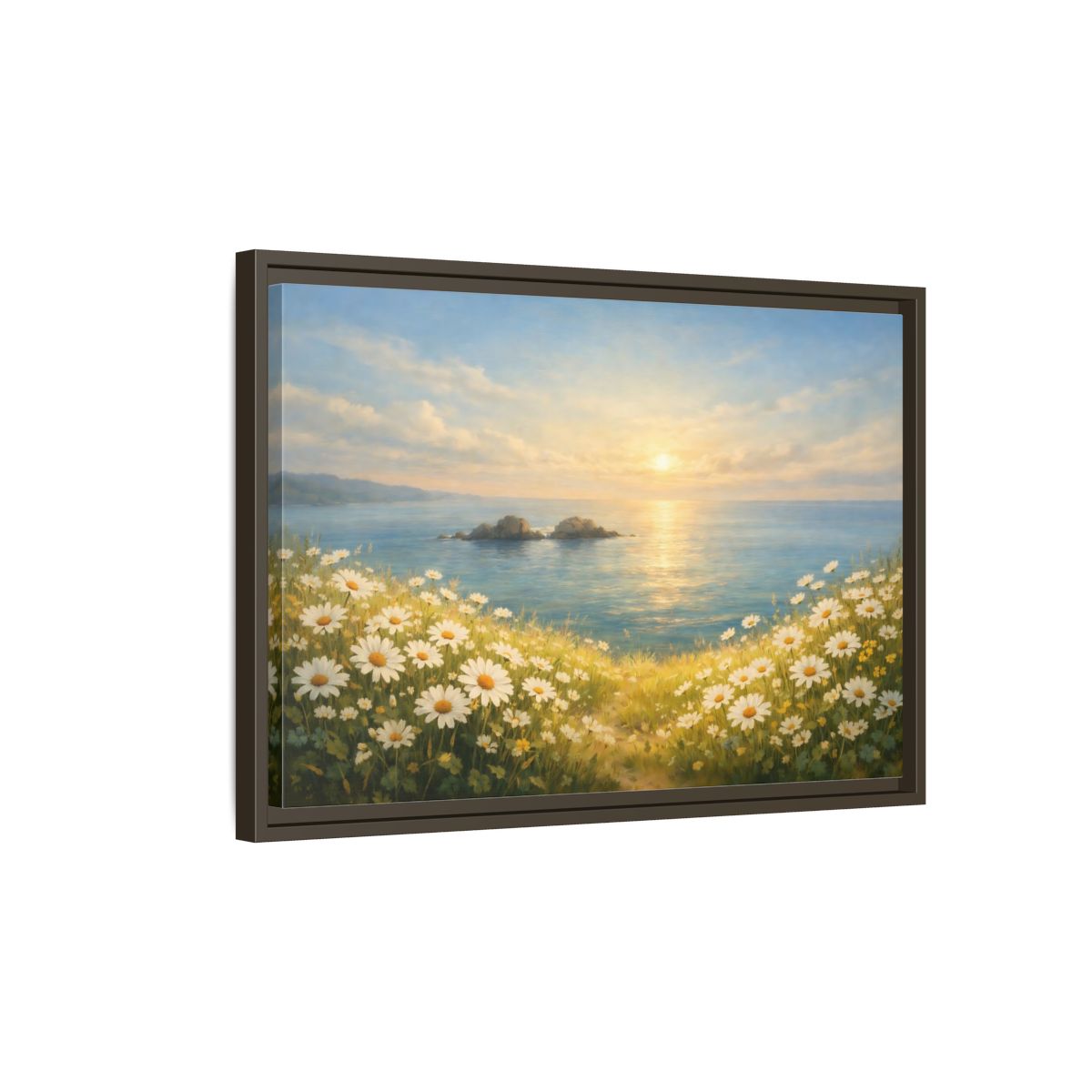 Side Mockup 2. Nature Daisies Daisy Ocean Sunset shown as stretched canvas wall art