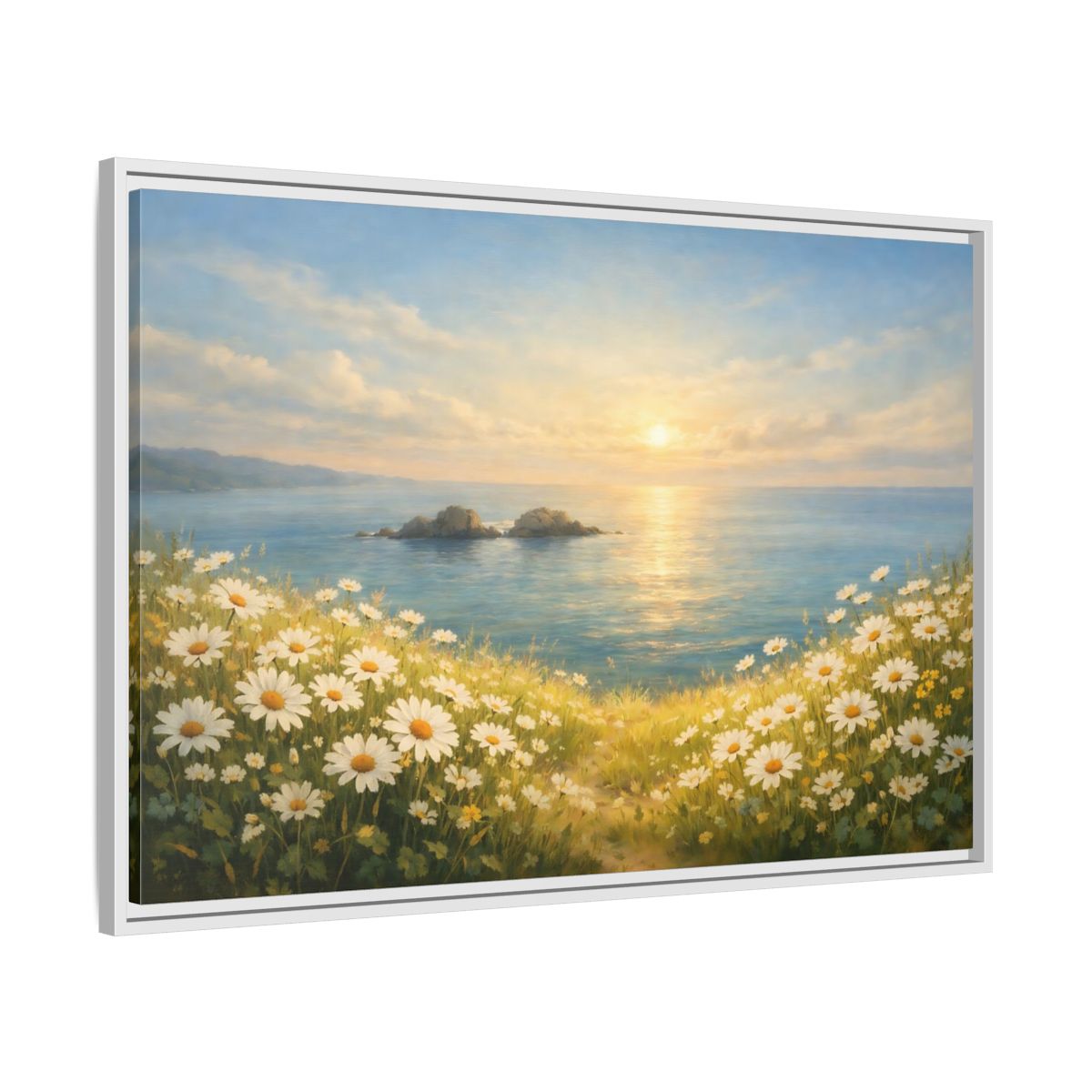 Side Mockup 8. Nature Daisies Daisy Ocean Sunset shown as stretched canvas wall art