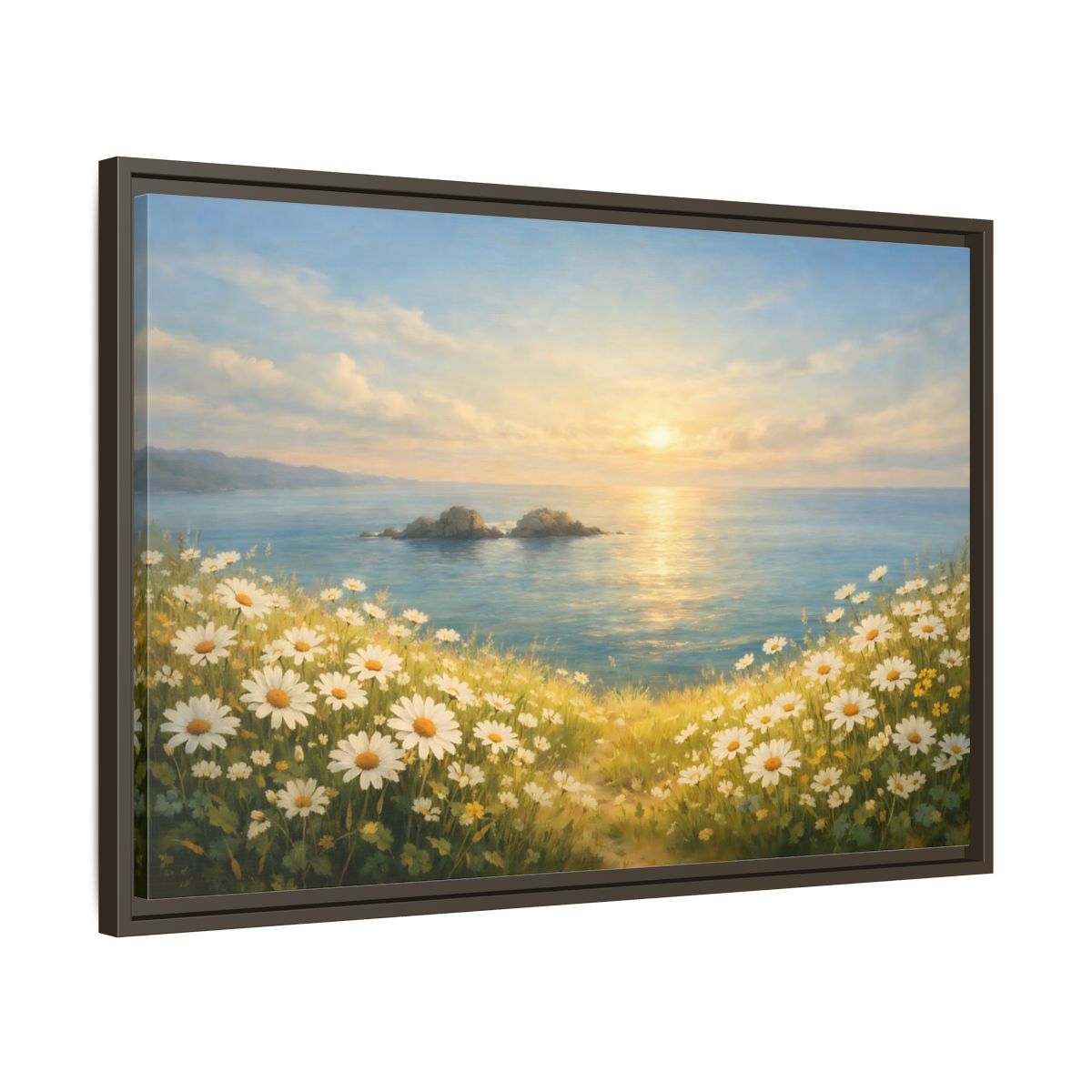 Side Mockup 11. Nature Daisies Daisy Ocean Sunset shown as stretched canvas wall art