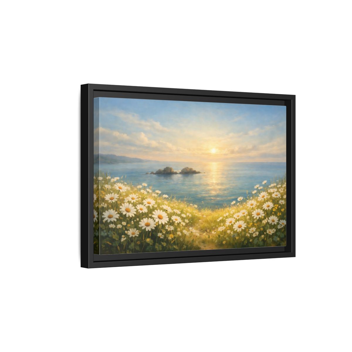 Side Mockup 6. Nature Daisies Daisy Ocean Sunset shown as stretched canvas wall art