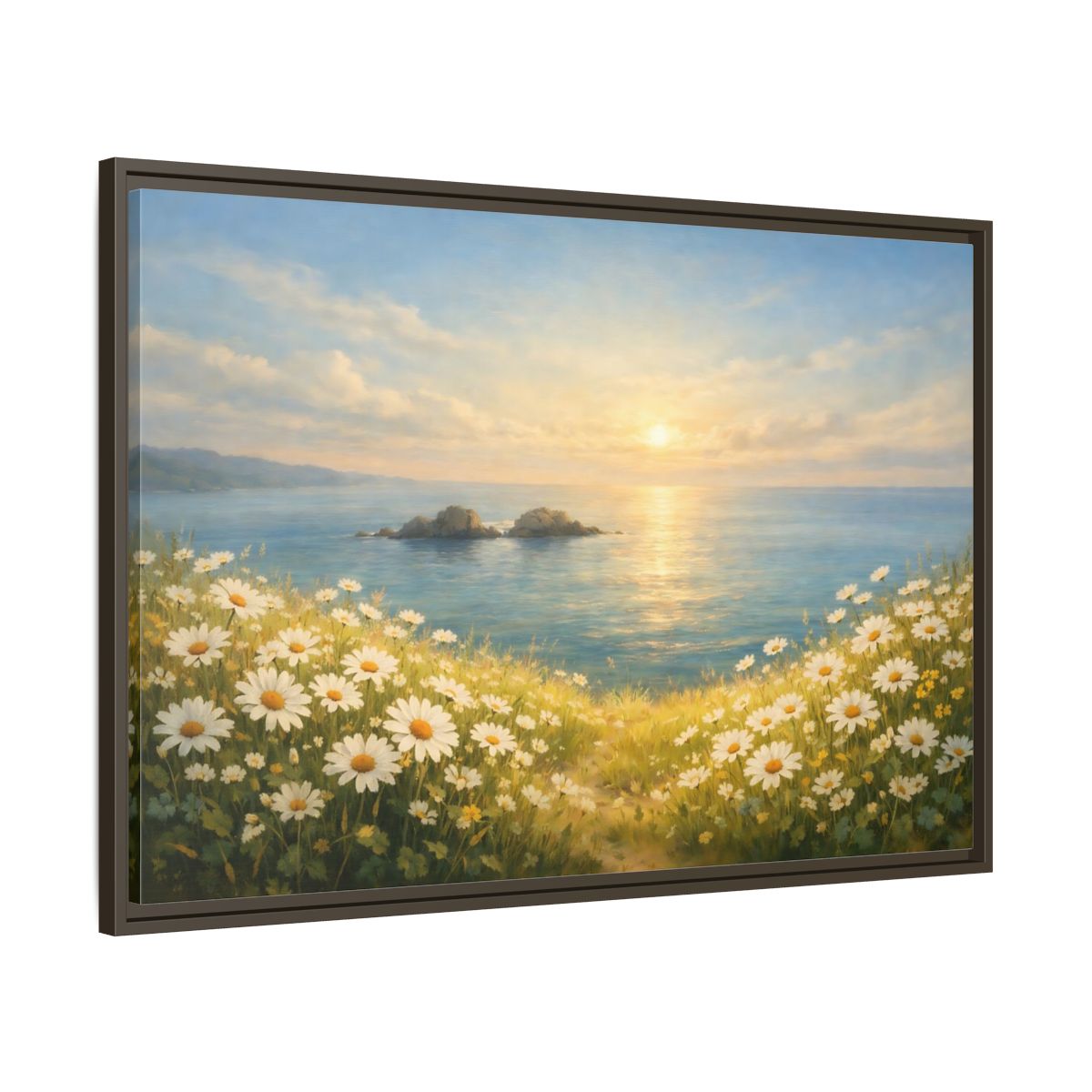 Side Mockup 9. Nature Daisies Daisy Ocean Sunset shown as stretched canvas wall art