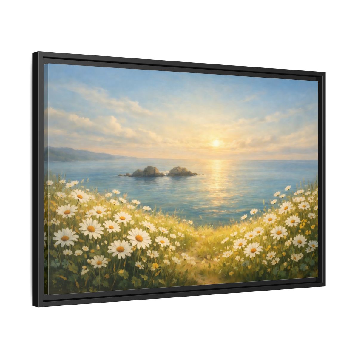 Side Mockup 14. Nature Daisies Daisy Ocean Sunset shown as stretched canvas wall art