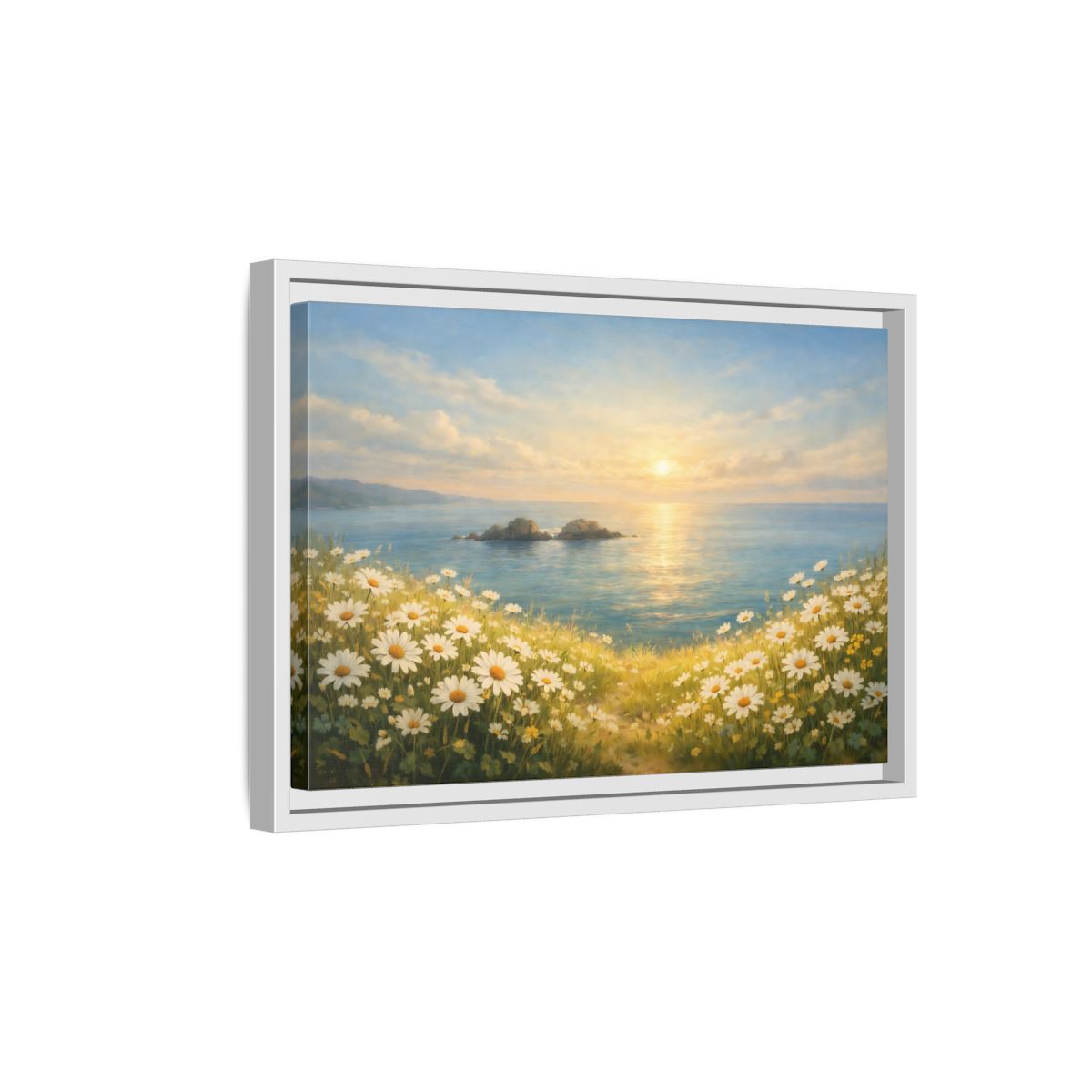 Side Mockup 4. Nature Daisies Daisy Ocean Sunset shown as stretched canvas wall art