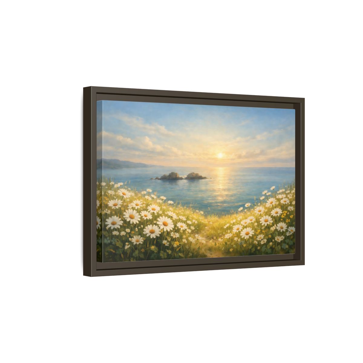 Side Mockup 5. Nature Daisies Daisy Ocean Sunset shown as stretched canvas wall art
