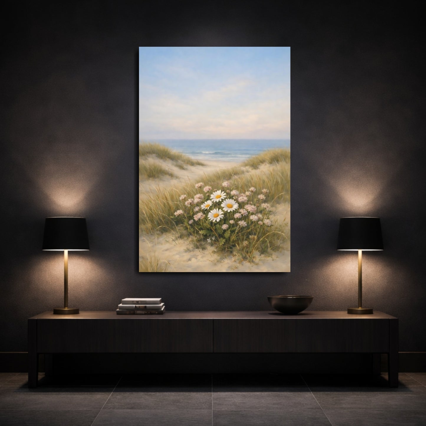 Mockup 2. Nature Daisies Pastel Beach Landscape shown as stretched canvas wall art