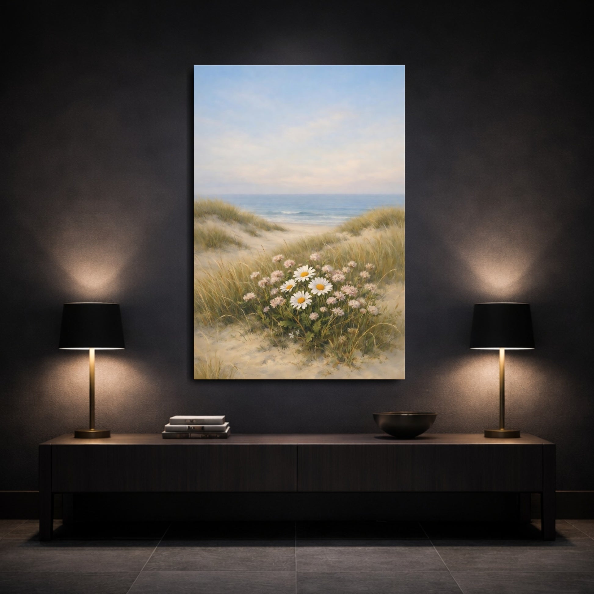 Mockup 2. Nature Daisies Pastel Beach Landscape shown as stretched canvas wall art